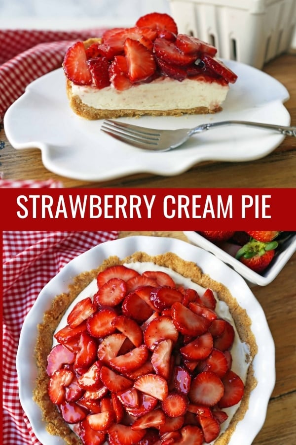 Strawberry Cream Cheese Pie. An easy sweet cream cheese pie with a buttery NILLA Wafer cookie crust and topped with glazed strawberries. The best strawberry pie! #strawberrypie #strawberries #pie #easter #easterdessert #creamcheesepie 