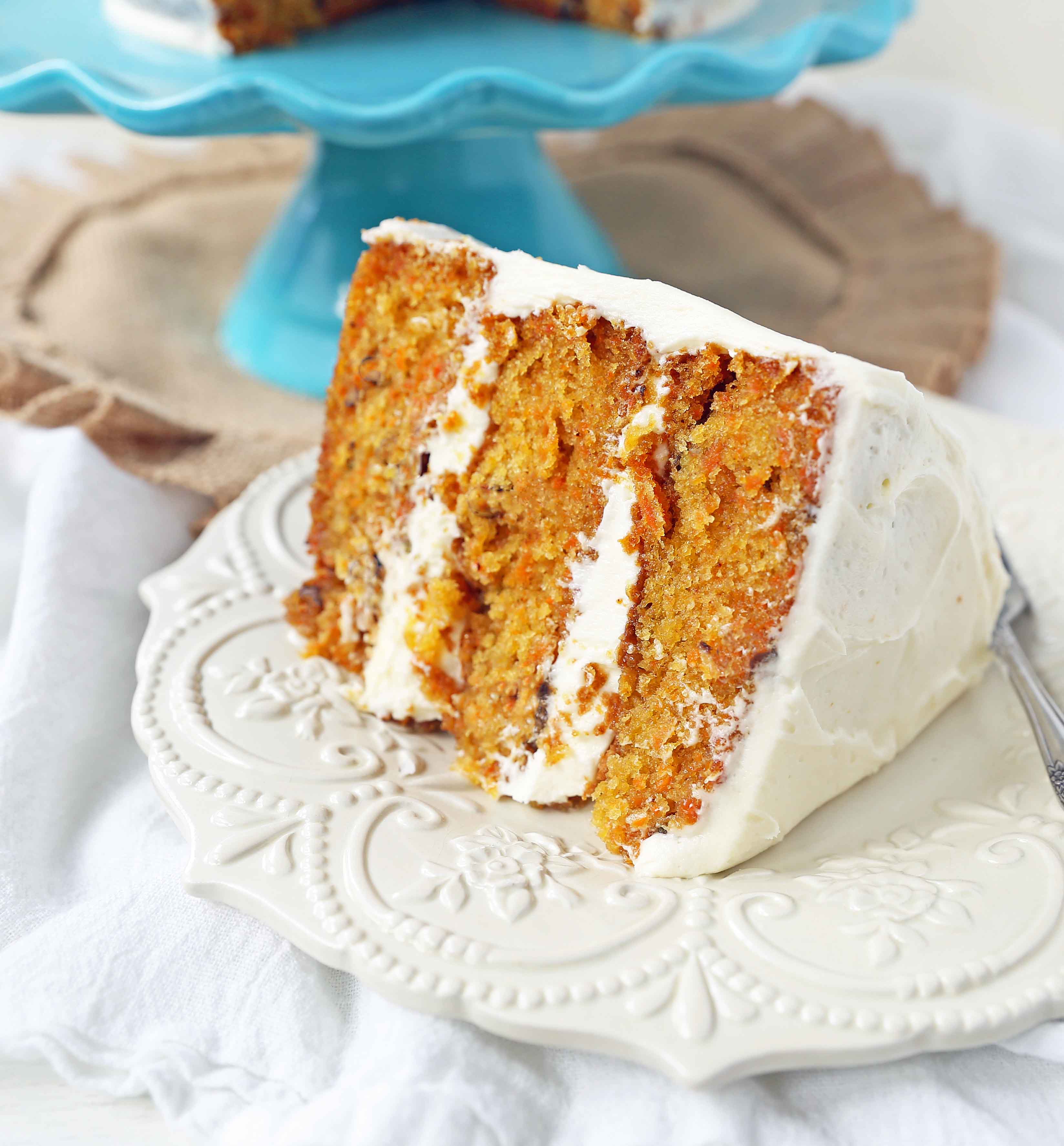 The Best Carrot Cake Recipe. A moist, tender carrot cake covered in a sweet cream cheese frosting. The perfect carrot cake recipe! #carrotcake #carrotcakerecipe #easter #easterrecipes