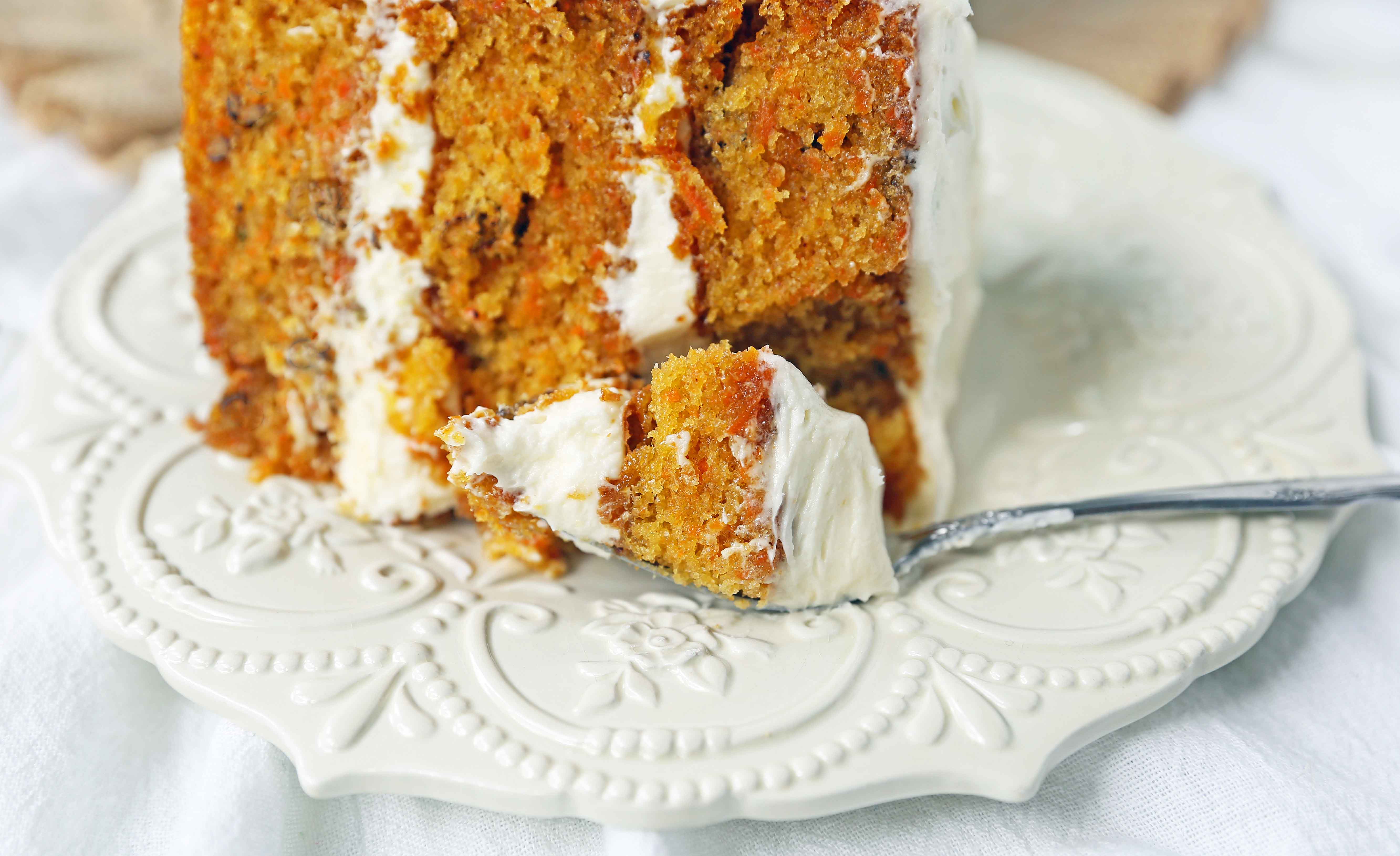 The Best Carrot Cake Recipe. A moist, tender carrot cake covered in a sweet cream cheese frosting. The perfect carrot cake recipe! #carrotcake #carrotcakerecipe #easter #easterrecipes