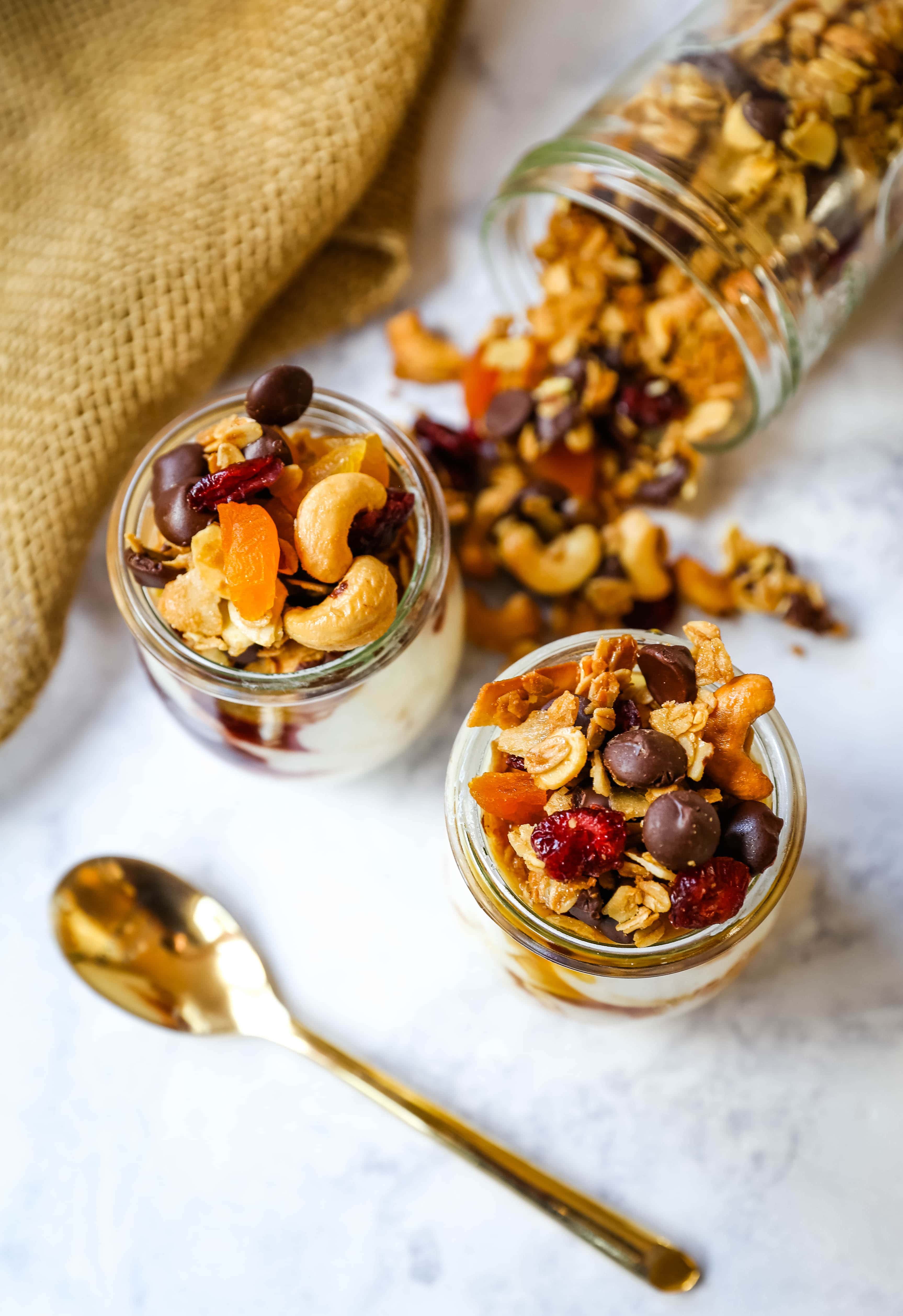 Chocolate Coconut Granola. A decadent chocolate coconut granola with cashews, dried cranberries, apricots, almonds, coconut flakes, and chocolate chips.  The best Chocolate Coconut Granola Recipe. www.modernhoney.com #granola #chocolatecoconutgranola #granolarecipe