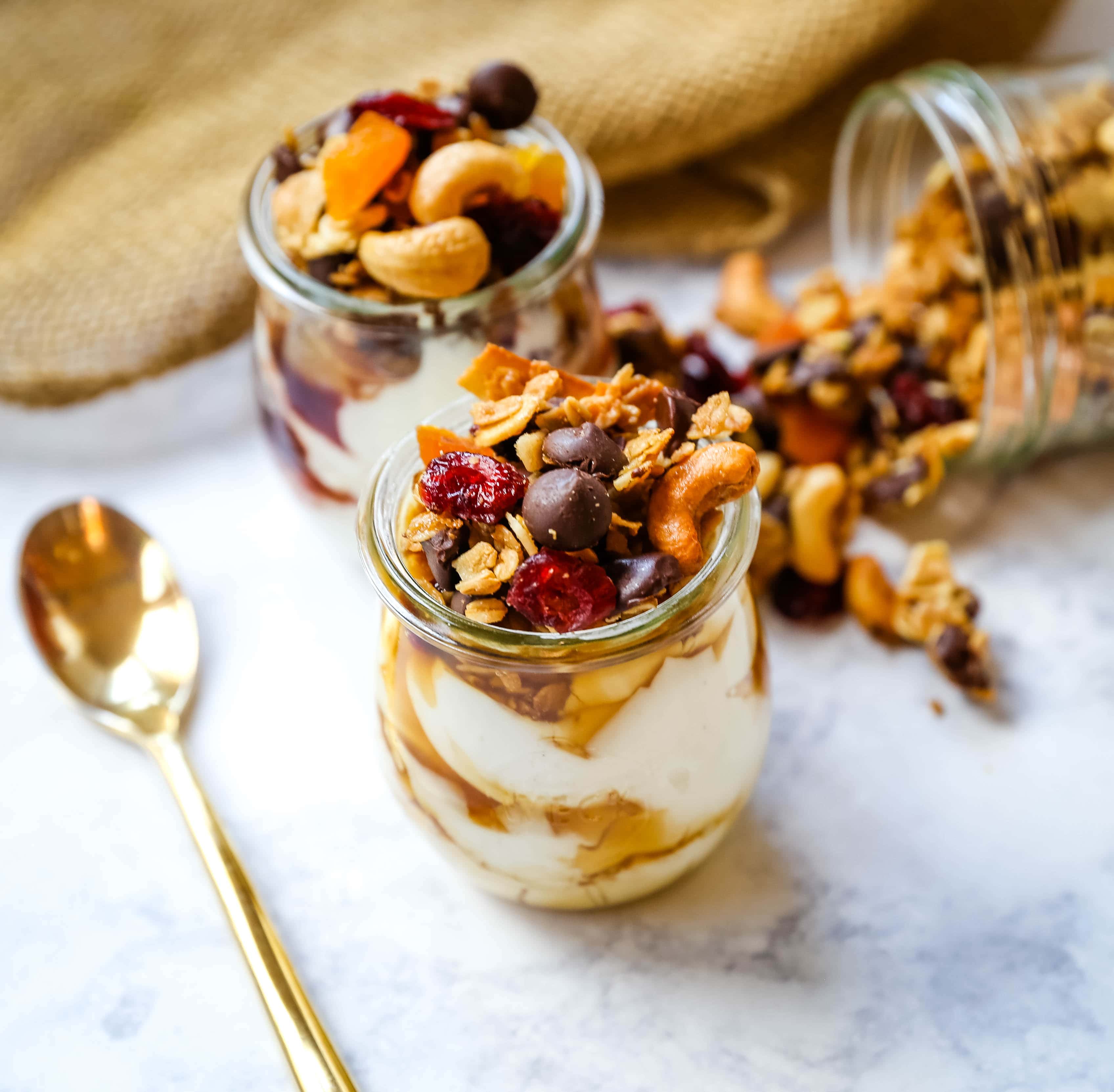 Chocolate Coconut Granola. A decadent chocolate coconut granola with cashews, dried cranberries, apricots, almonds, coconut flakes, and chocolate chips.  The best Chocolate Coconut Granola Recipe. www.modernhoney.com #granola #chocolatecoconutgranola #granolarecipe