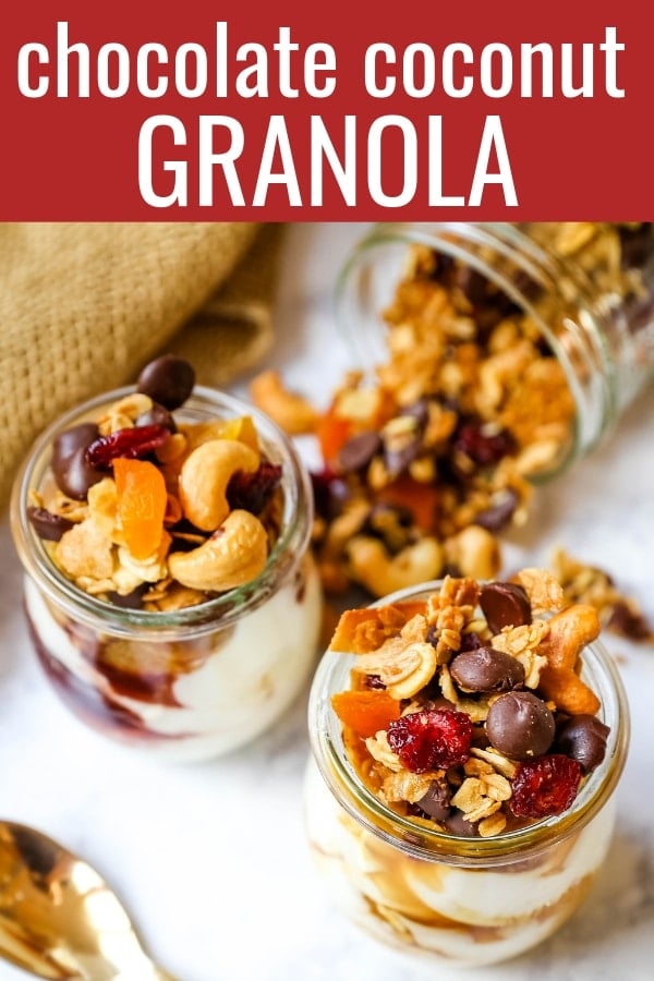 Chocolate Coconut Granola. A decadent chocolate coconut granola with cashews, dried cranberries, apricots, almonds, coconut flakes, and chocolate chips.  The best Chocolate Coconut Granola Recipe. www.modernhoney.com #granola #chocolatecoconutgranola #granolarecipe