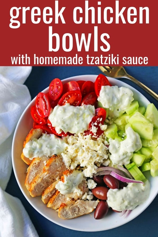 Greek Chicken Bowls. Grilled Greek Lemon Chicken, cucumber, tomatoes, red onion, kalamata olives, feta cheese, and homemade tzatziki sauce all in one bowl. A high-protein and low carb meal! www.modernhoney.com #greekchickenbowls #greekchickenbowl #greekfood #glutenfree