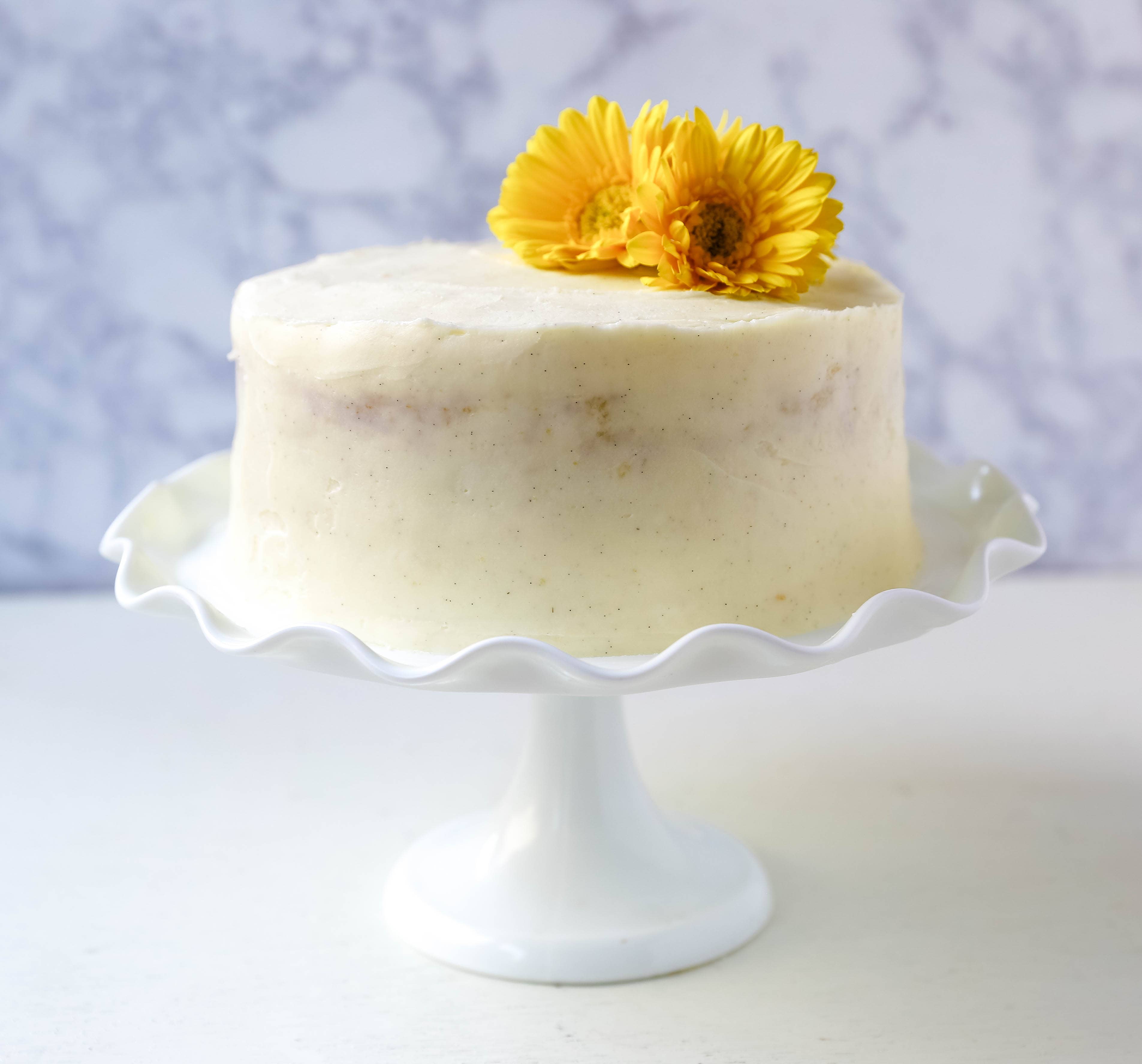 Vanilla Cake Recipe. The best homemade vanilla cake recipe with vanilla bean buttercream frosting. www.modernhoney.com #vanillacake #cake #cakerecipe #vanillacakerecipe