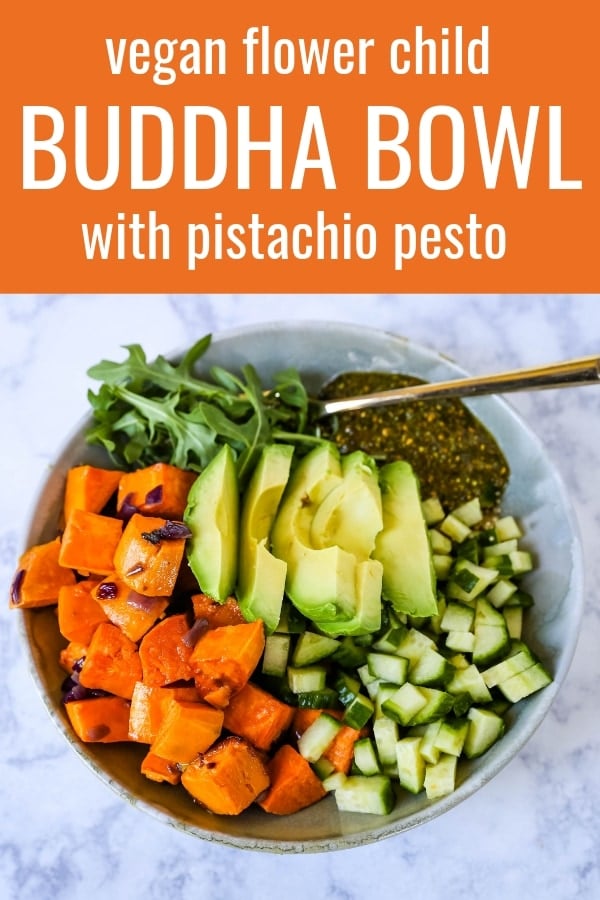 Buddha Bowl with Pistachio Pesto A healthy vegan bowl made with roasted sweet potatoes, onions, fresh avocado, cucumbers, arugula, quinoa, and homemade pistachio pesto. www.modernhoney.com #buddhabowl #vegan #vegetarian #flowerchild 