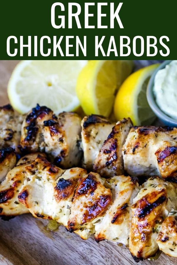 Greek Chicken Kabobs Yogurt marinated and Greek spiced chicken grilled to perfection and dipped in homemade tzatziki sauce. www.modernhoney.com #greek #greekfood #chickenkabobs #greekchickenkabobs