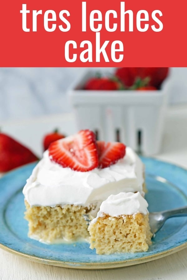 Tres Leches Cake. A classic Mexican dessert made with a vanilla sponge cake soaked with three kinds of milk -- heavy cream, evaporated milk and sweetened condensed milk and topped with whipped cream.  www.modernhoney.com #treslechescake #threemilkcake #cincodemayo