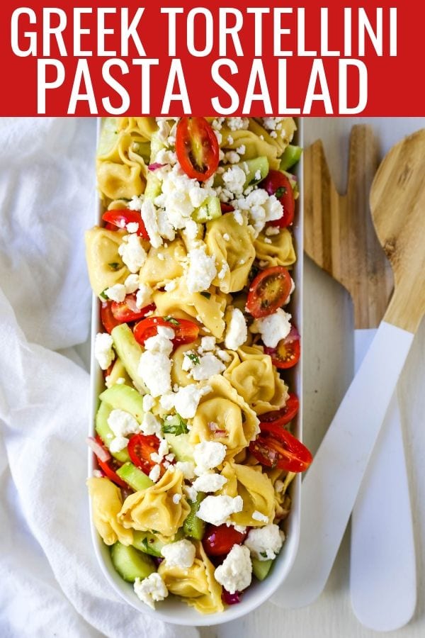 Greek Tortellini Pasta Salad. Cheese Tortellini Pasta tossed with fresh tomatoes, cucumbers, red onion, feta cheese, in a homemade Greek dressing. www.modernhoney.com #sidedish #pastasalad #salad #potluck