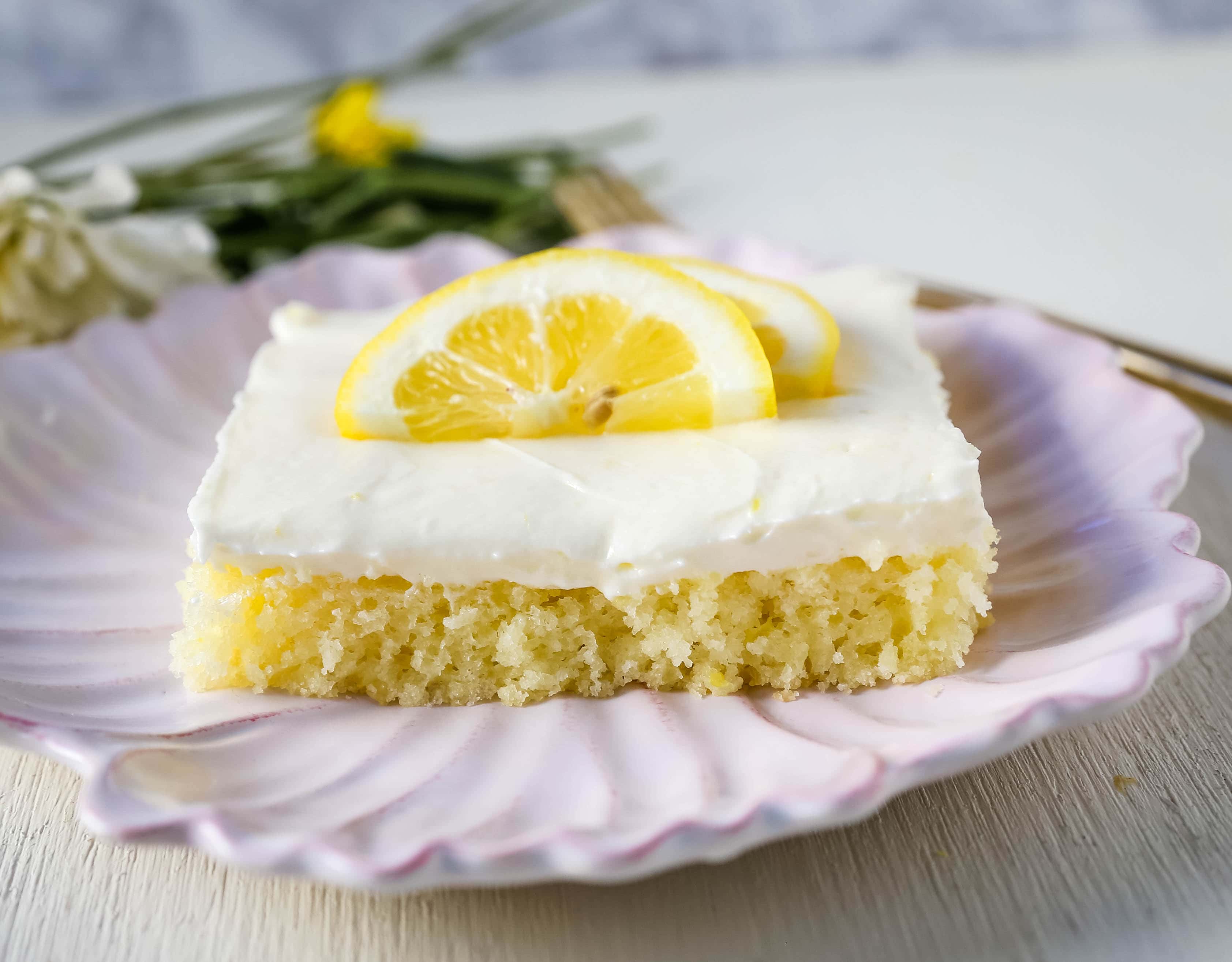 Lemon Sheet Cake Recipe. Moist sour cream lemon sheet cake recipe with a fresh lemon cream cheese frosting. #lemonsheetcake #cake