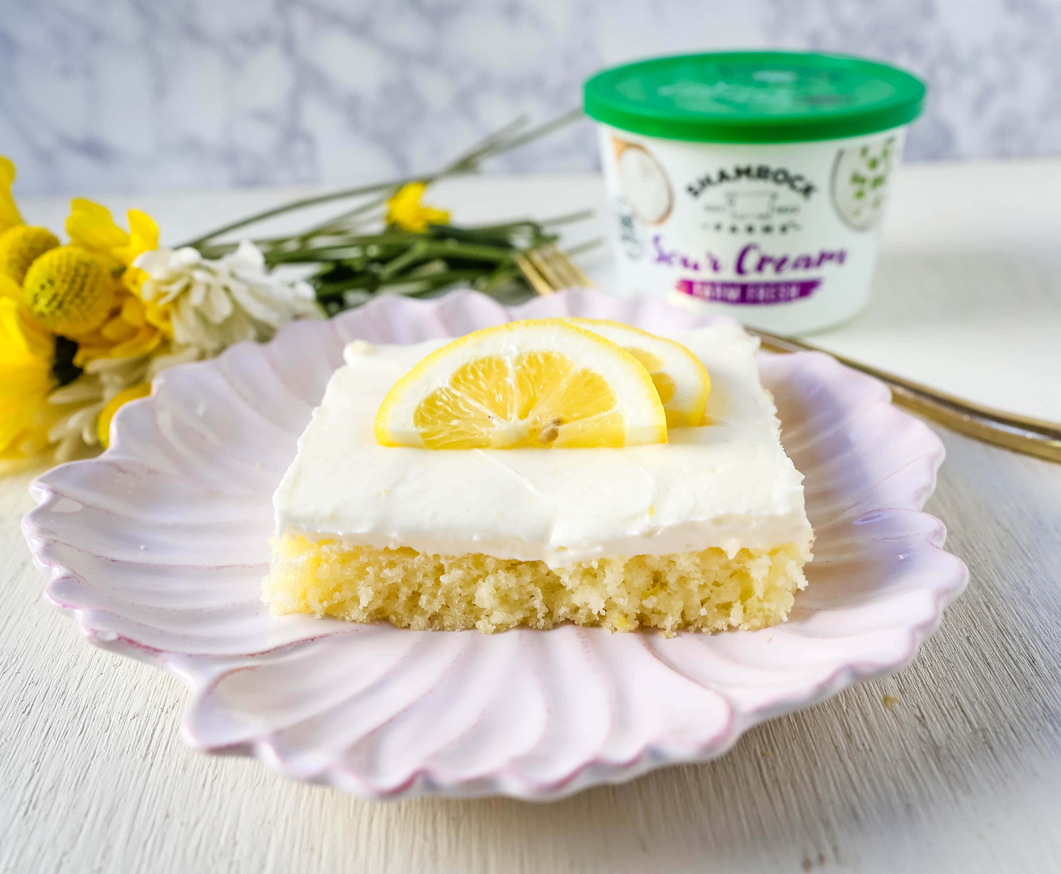 Lemon Sheet Cake Recipe. Moist sour cream lemon sheet cake recipe with a fresh lemon cream cheese frosting. #lemonsheetcake #cake