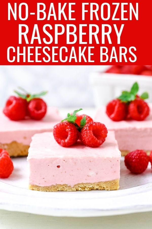 No-Bake Frozen Raspberry Cheesecake Squares. Creamy no-bake raspberry cheesecake filling on top of a shortbread or graham cracker crust topped with fresh raspberries. A creamy no-bake frozen dessert.  www.modernhoney.com #nobakedessert #raspberrycheesecake #cheesecakesquares #frozendessert #frozencheesecake