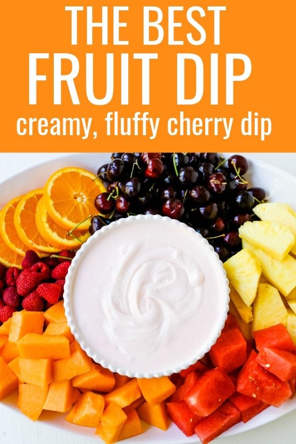 Fruit Dip Creamy, fluffy fruit dip made with cream cheese, sweetened condensed milk, homemade whipped cream, and a touch of cherry juice. The best fruit dip recipe! www.modernhoney.com #fruitdip #creamyfruitdip #creamcheesedip