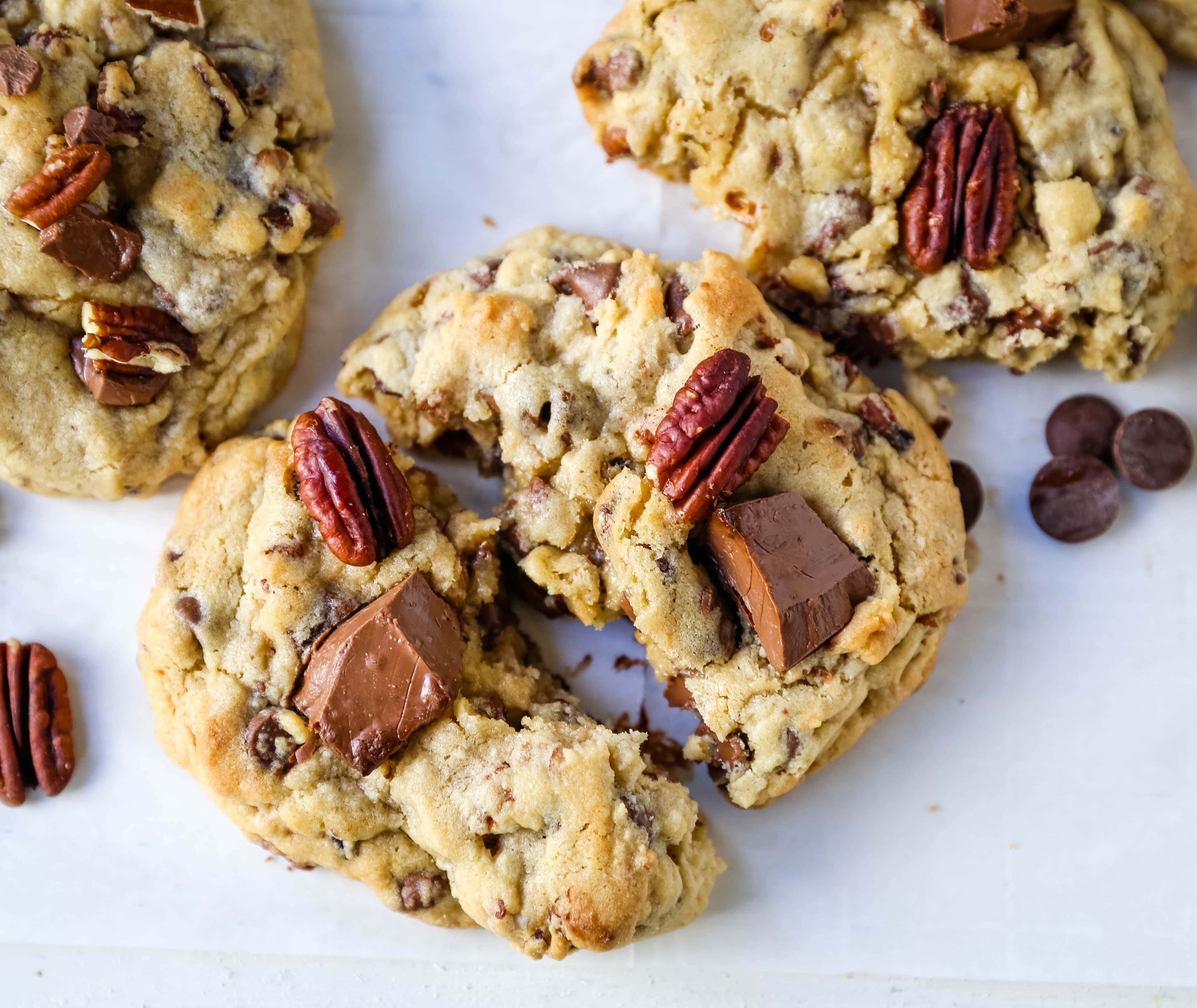 Bakery-Style Milk Chocolate Pecan Cookies. The best chocolate chip pecan cookie recipe. How to make perfect bakery style chocolate chip cookies. X-large cookie recipe. www.modernhoney.com