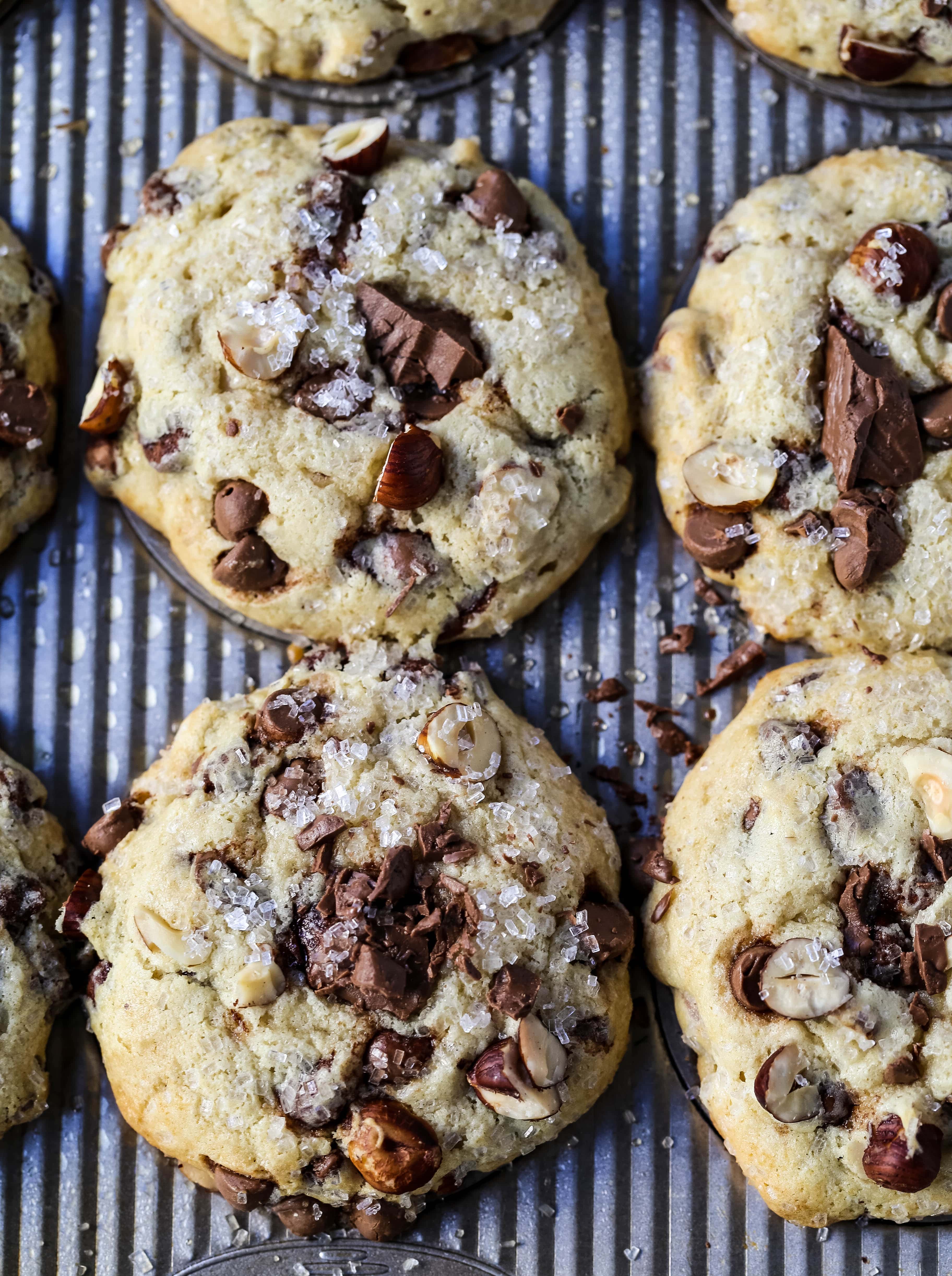 The Best Chocolate Chip Muffins. Chocolate Chunk Hazelnut Muffins with rich chocolate chips and crunchy hazelnuts. A gourmet bakery style muffin recipe. www.modernhoney.com #muffin #muffins #chocolatechipmmuffin #chocolatehazelnut