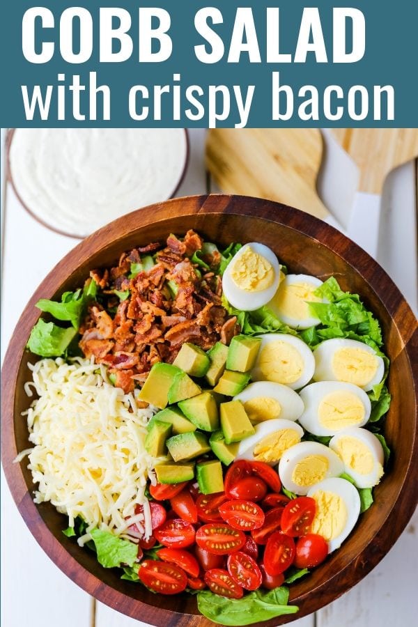 Cobb Salad made with romaine lettuce, crispy bacon, creamy avocado, juicy tomato, egg, Monterey Jack cheese, tossed in homemade Ranch dressing. www.modernhoney.com #salad #cobbsalad #salads