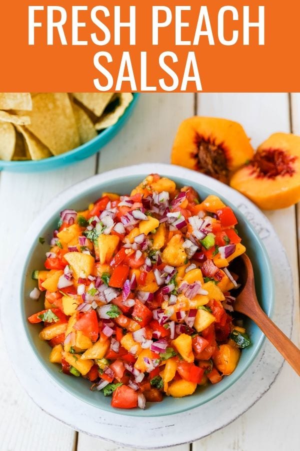 Peach Salsa. Fresh peach salsa with red pepper, jalapeño, red onion, tomatoes, cilantro, and fresh lime juice. A sweet and savory salsa perfect to pair with chips, grilled chicken or pork. www.modernhoney.com #peachsalsa #salsa #peachrecipes