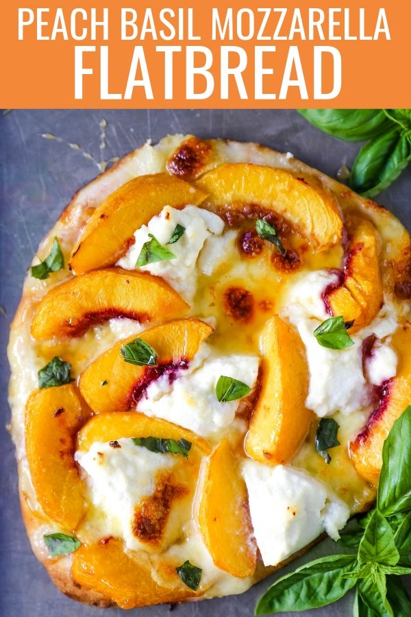 Peach Basil Mozzarella Flatbread Fresh peaches, basil ribbons, ricotta cheese, a drizzle of honey, fresh mozzarella all on a buttery flatbread. The perfect summer pizza!  www.modernhoney.com #peachpizza #flatbread #peachflatbread #summerpizza #peachrecipes