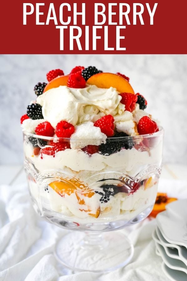 Peach Berry Trifle Angel food cake, a sweet, creamy, fluffy filling with fresh peaches and raspberries makes this the perfect summer dessert.  www.modernhoney.com #peach #peacherecipes #trifle #dessert