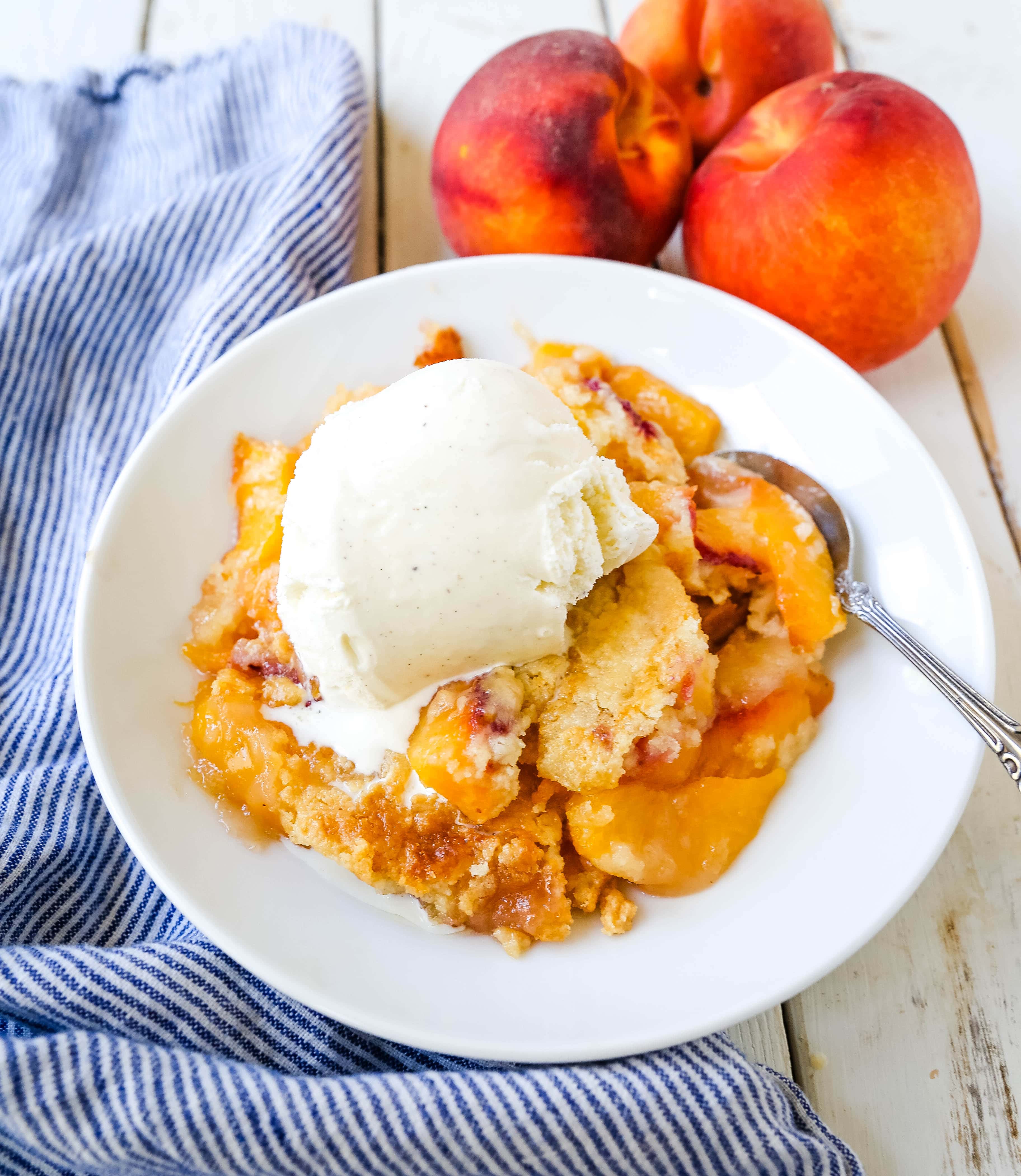 Peach Dump Cake The easiest 4-ingredient peach dessert. Fresh peaches, a touch of sugar, French vanilla cake mix, and butter all baked until golden and topped with vanilla ice cream. The simplest peach cobbler dessert recipe! www.modernhoney.com #peach #peaches #peachdesserts #peachcobbler #peachdumpcake