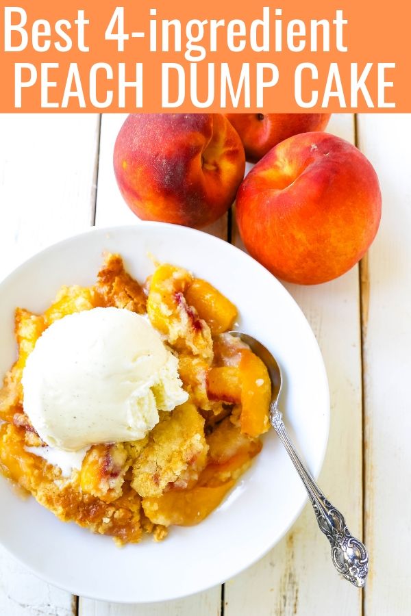 Peach Dump Cake The easiest 4-ingredient peach dessert. Fresh peaches, a touch of sugar, French vanilla cake mix, and butter all baked until golden and topped with vanilla ice cream. The simplest peach cobbler dessert recipe! www.modernhoney.com #peach #peaches #peachdesserts #peachcobbler #peachdumpcake