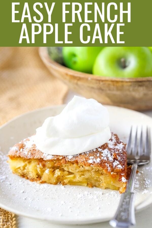 French Apple Cake A simple French buttery cake made with sweet apples and topped with freshly whipped cream. www.modernhoney.com #frenchapplecake #applecake #frenchcake #dessert #appledessert