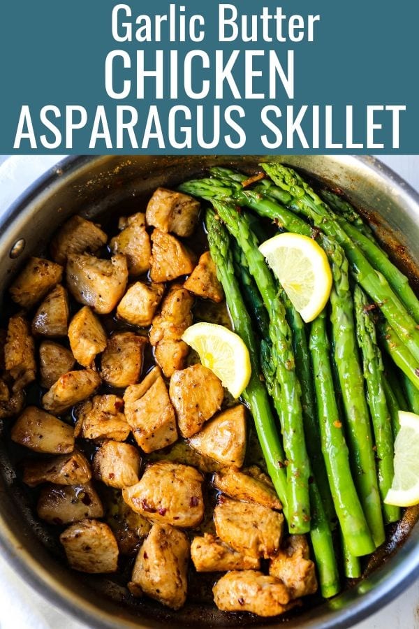 Garlic Butter Chicken and Asparagus Skillet A quick and easy one skillet dinner made with sautéed chicken and asparagus tossed in garlic butter. www.modernhoney.com #chicken #skilletdinner #chickendinner