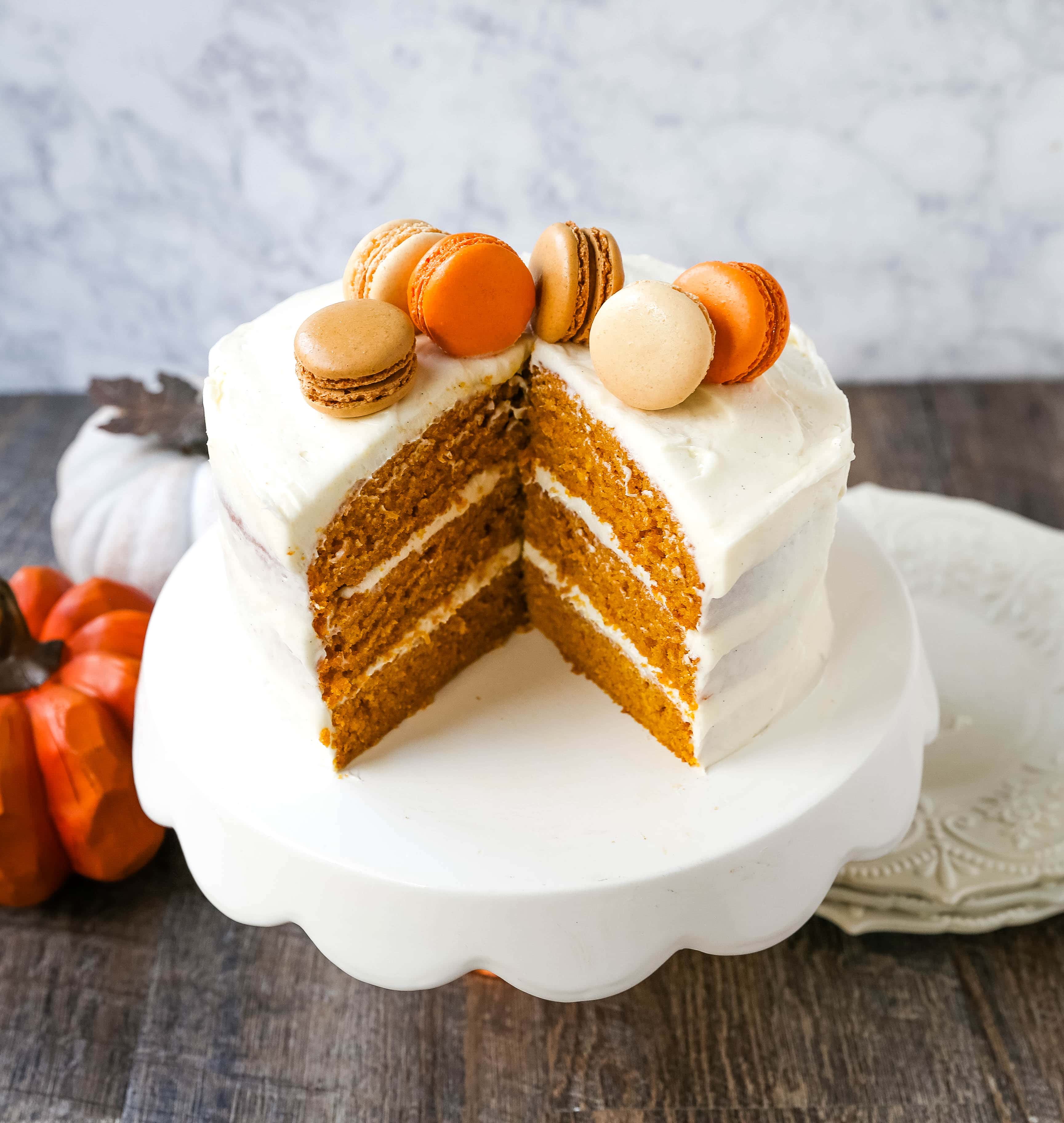 Pumpkin Cake with Cream Cheese Frosting Moist Pumpkin Spiced Cake with a Sweet Cream Cheese Frosting. The best Fall pumpkin layered cake recipe!  www.modernhoney.com #pumpkin #pumpkinrecipes #fall #ffallrecipes #pumpkincake