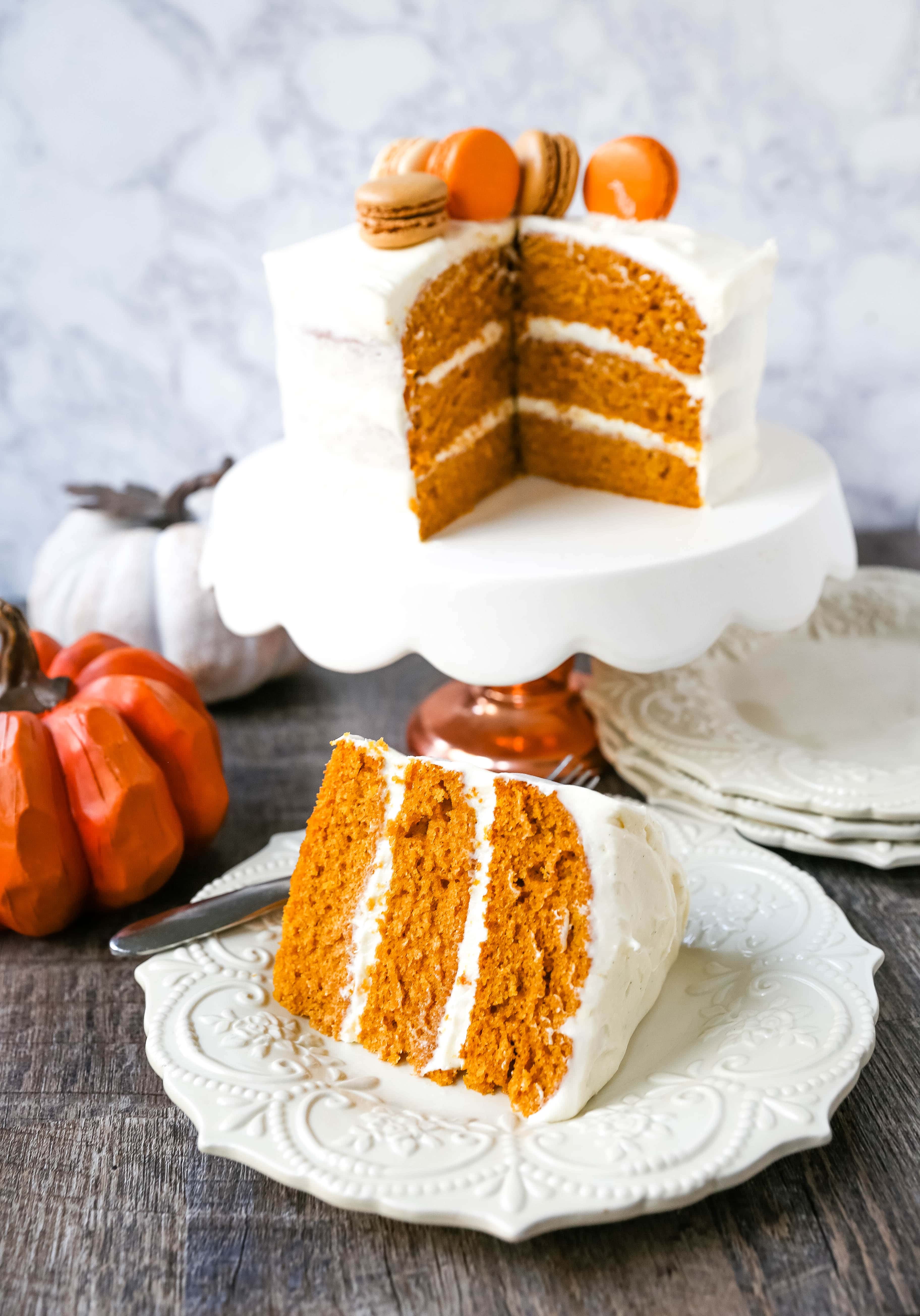 Pumpkin Cake with Cream Cheese Frosting Moist Pumpkin Spiced Cake with a Sweet Cream Cheese Frosting. The best Fall pumpkin layered cake recipe!  www.modernhoney.com #pumpkin #pumpkinrecipes #fall #ffallrecipes #pumpkincake