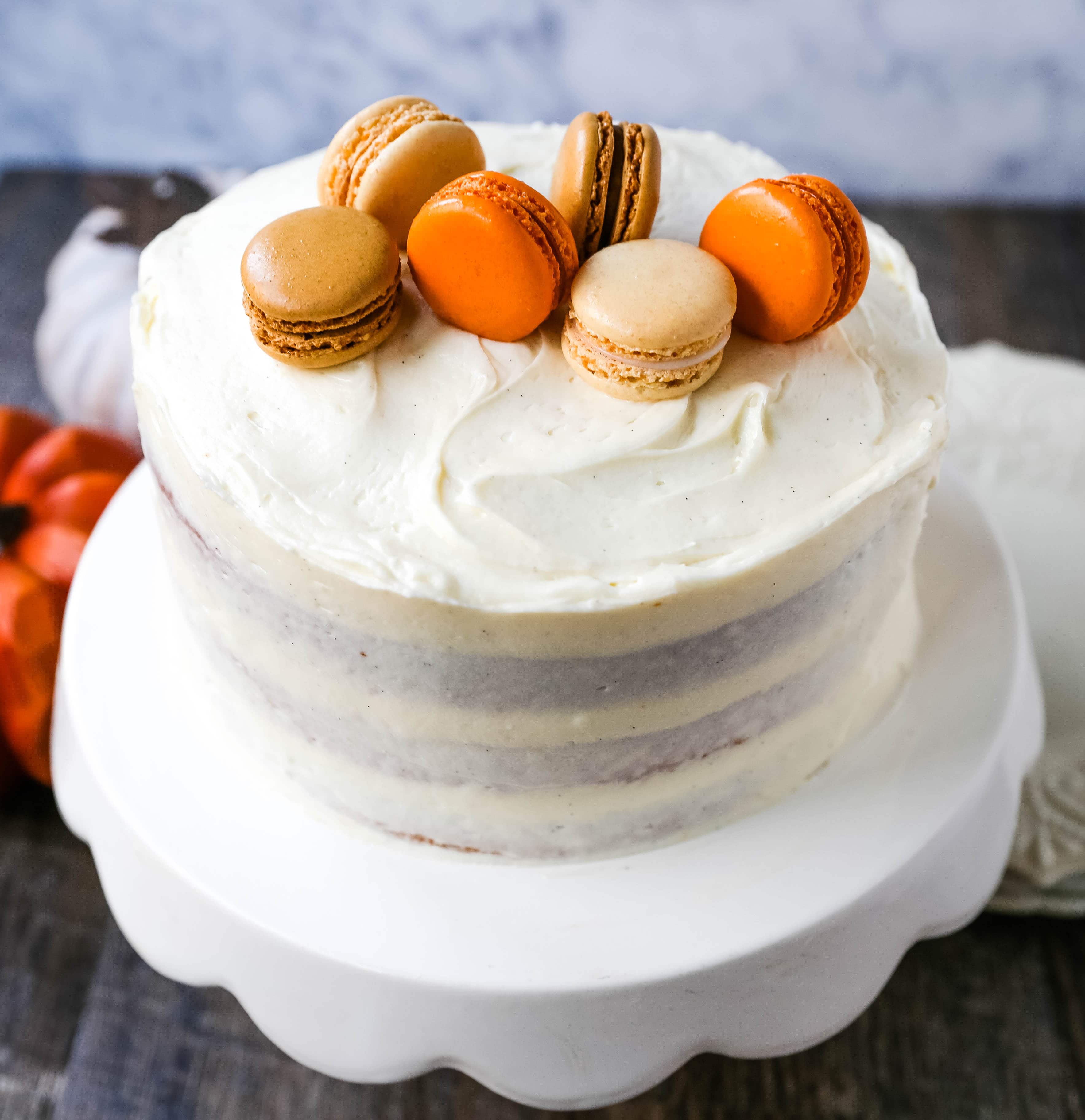 Pumpkin Cake with Cream Cheese Frosting Moist Pumpkin Spiced Cake with a Sweet Cream Cheese Frosting. The best Fall pumpkin layered cake recipe!  www.modernhoney.com #pumpkin #pumpkinrecipes #fall #ffallrecipes #pumpkincake