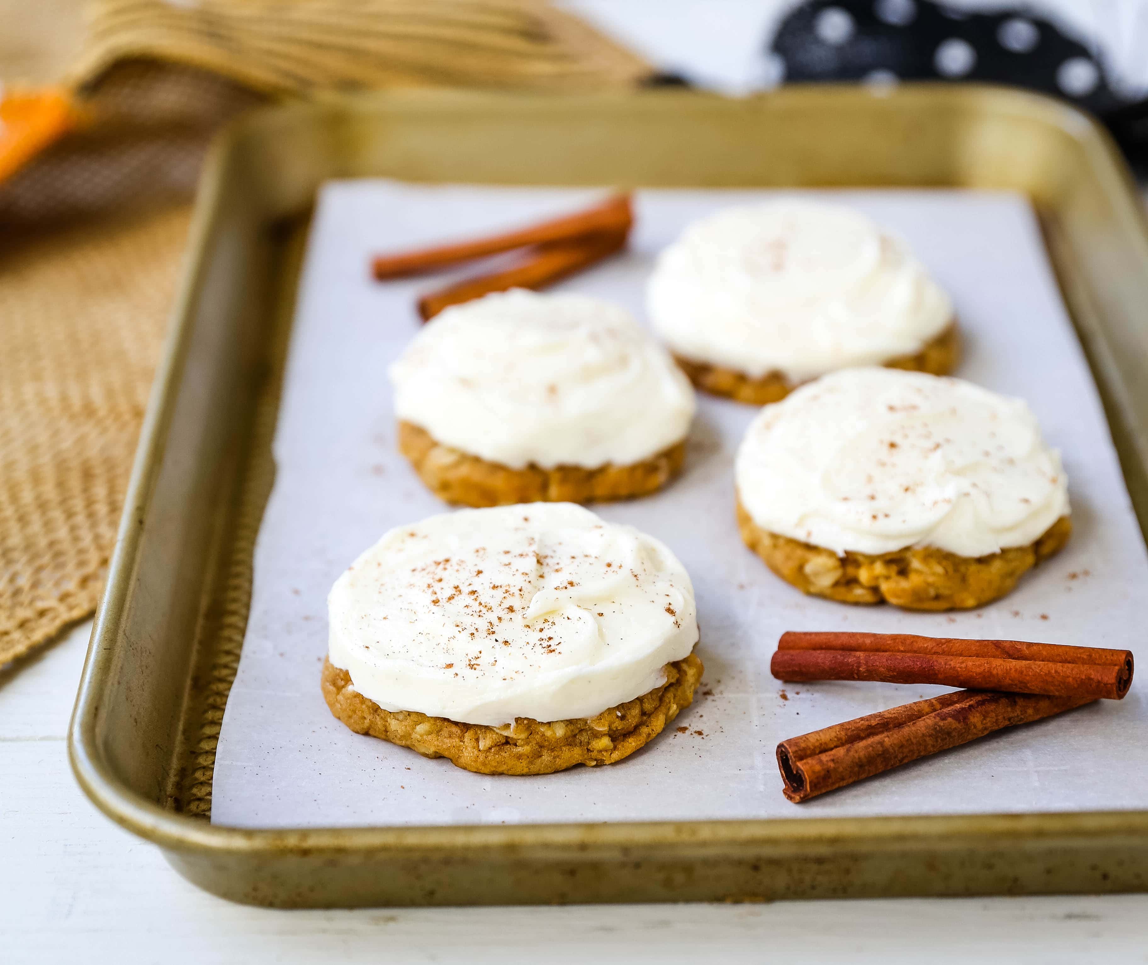 The BEST PUMPKIN COOKIES with CREAM CHEESE FROSTING Soft chewy pumpkin spiced cookies with a fluffy sweet cream cheese frosting. The perfect frosted pumpkin cookie recipe! www.modernhoney.com #pumpkin #pumpkincookies #frostedpumpkincookies #fall #fallrecipes