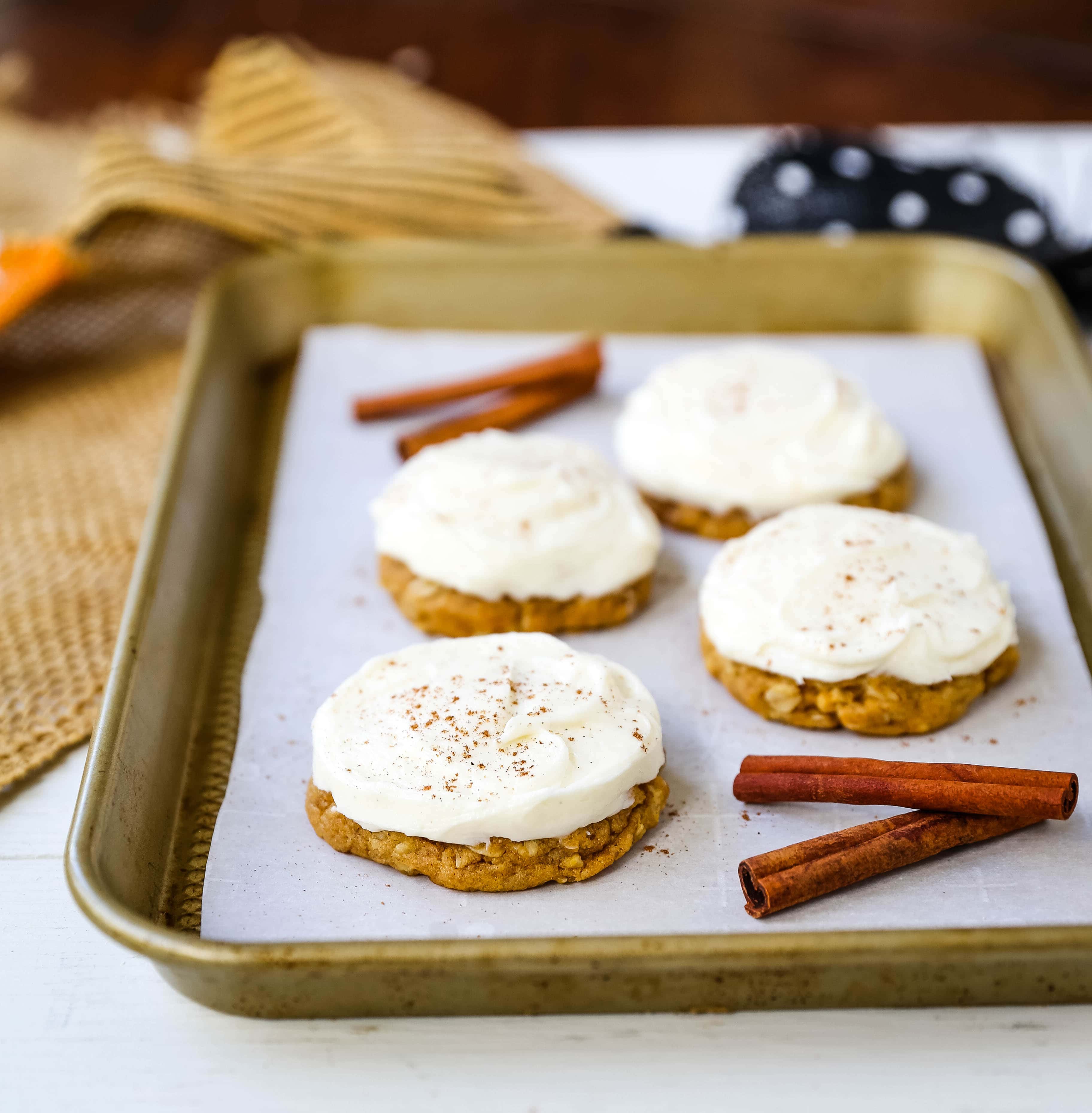 The BEST PUMPKIN COOKIES with CREAM CHEESE FROSTING Soft chewy pumpkin spiced cookies with a fluffy sweet cream cheese frosting. The perfect frosted pumpkin cookie recipe! www.modernhoney.com #pumpkin #pumpkincookies #frostedpumpkincookies #fall #fallrecipes