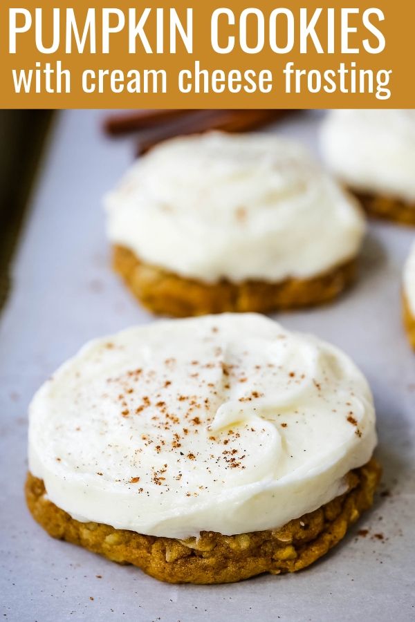 The BEST PUMPKIN COOKIES with CREAM CHEESE FROSTING Soft chewy pumpkin spiced cookies with a fluffy sweet cream cheese frosting. The perfect frosted pumpkin cookie recipe! www.modernhoney.com #pumpkin #pumpkincookies #frostedpumpkincookies #fall #fallrecipes