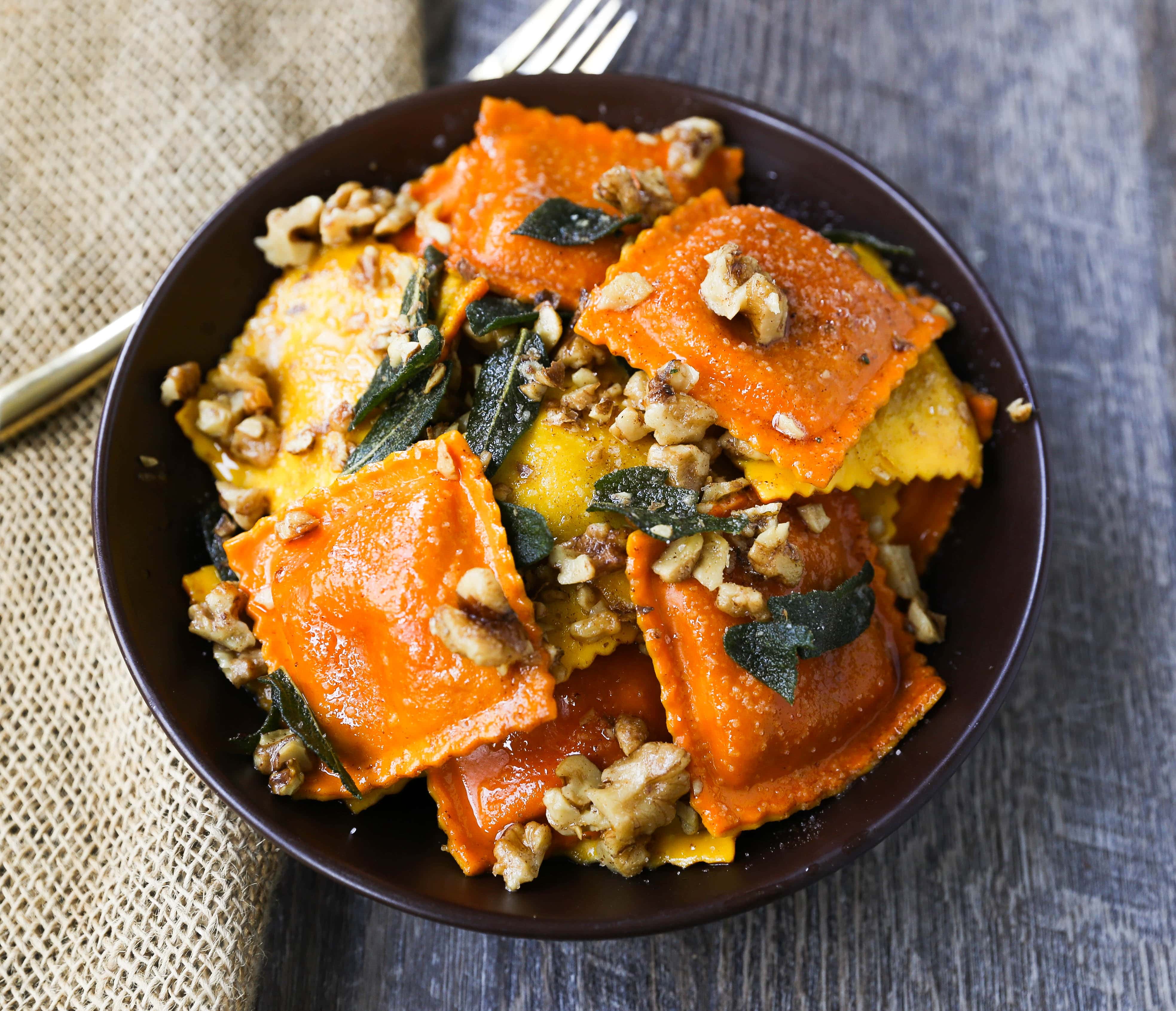Ravioli with Browned Butter and Sage Fresh ravioli tossed in a browned butter sauce with crispy sage and toasted walnuts. A bowl of rich, creamy comfort food! www.modernhoney.com #ravioli #pasta #pumpkinravioli