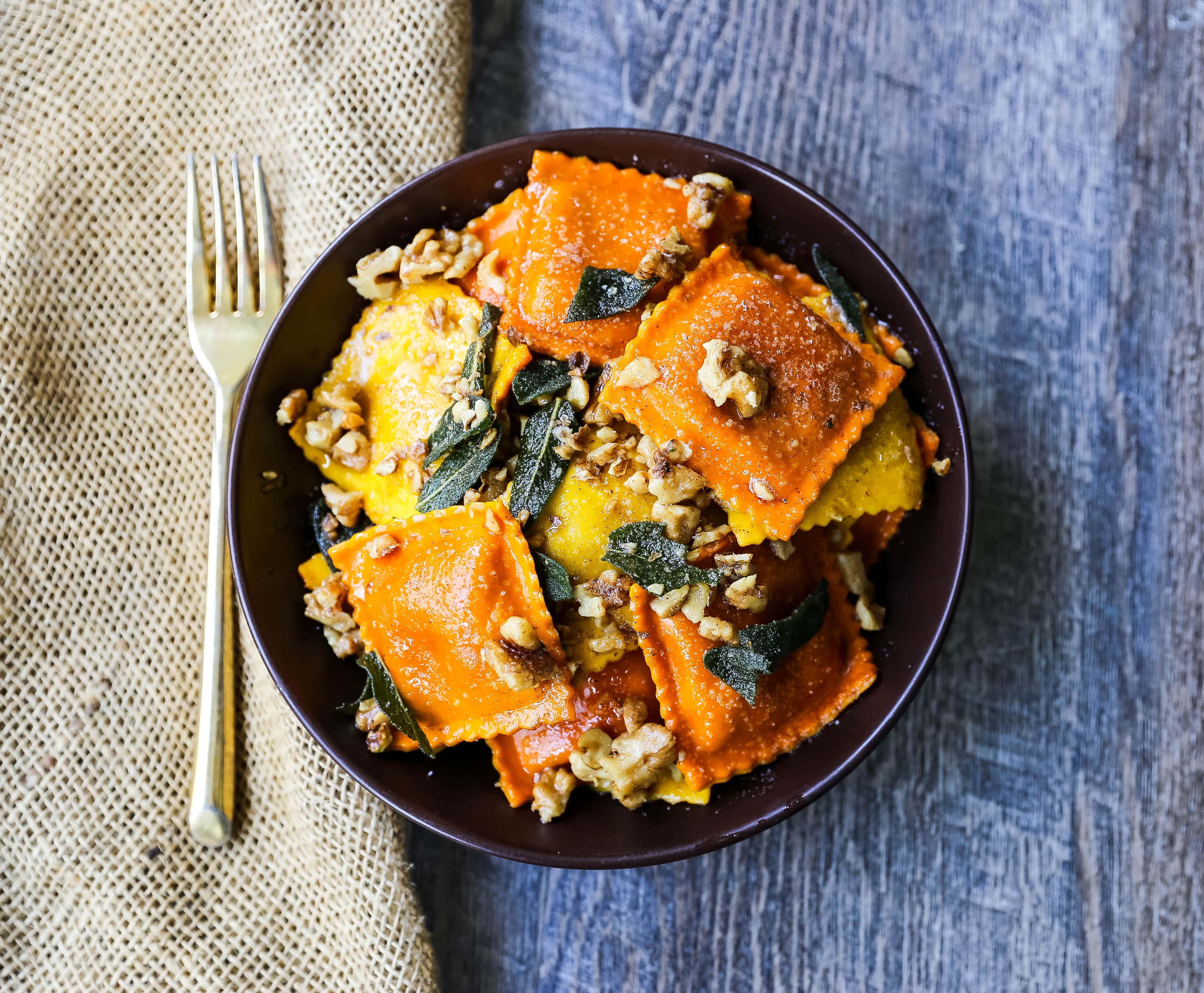 Ravioli with Browned Butter and Sage Fresh ravioli tossed in a browned butter sauce with crispy sage and toasted walnuts. A bowl of rich, creamy comfort food! www.modernhoney.com #ravioli #pasta #pumpkinravioli