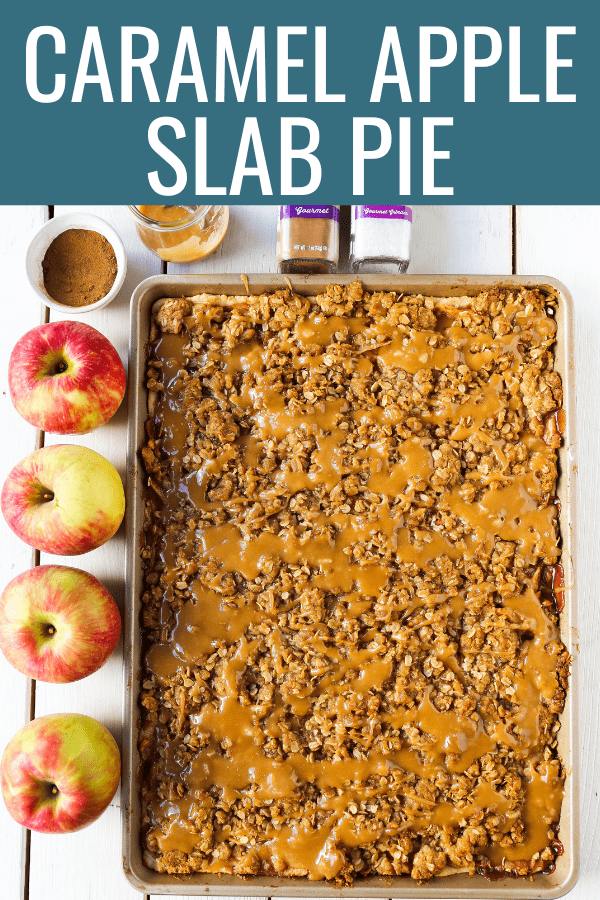 Caramel Apple Slab Pie Juicy cinnamon sugar apples baked in a flaky pie crust and topped with a buttery brown sugar crumb topping then drizzled with homemade salted caramel. An easy way to make apple pie to feed a crowd! www.modernhoney.com #applepie #apples #caramelapplepie #appleslabpie #slabpie