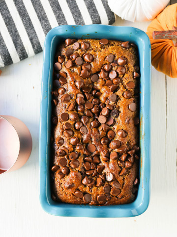 Chocolate Chip Pumpkin Bread Moist pumpkin spiced bread with rich chocolate chips. Tips and tricks for making the best pumpkin chocolate chip bread! www.modernhoney.com #pumpkinbread #pumpkin #pumpkinrecipes #chocolatechippumpkinbread