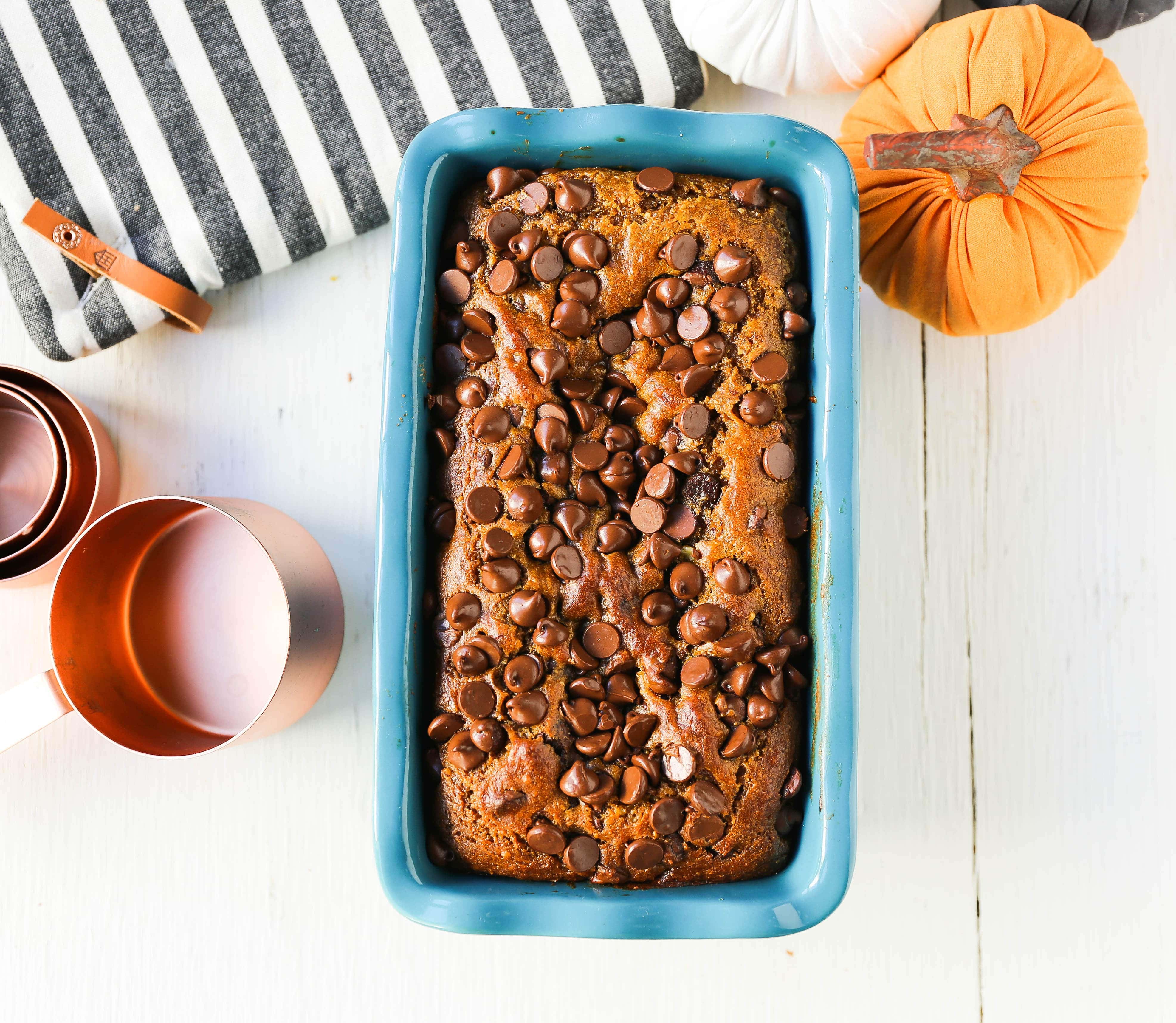 Chocolate Chip Pumpkin Bread Moist pumpkin spiced bread with rich chocolate chips. Tips and tricks for making the best pumpkin chocolate chip bread! www.modernhoney.com #pumpkinbread #pumpkin #pumpkinrecipes #chocolatechippumpkinbread 