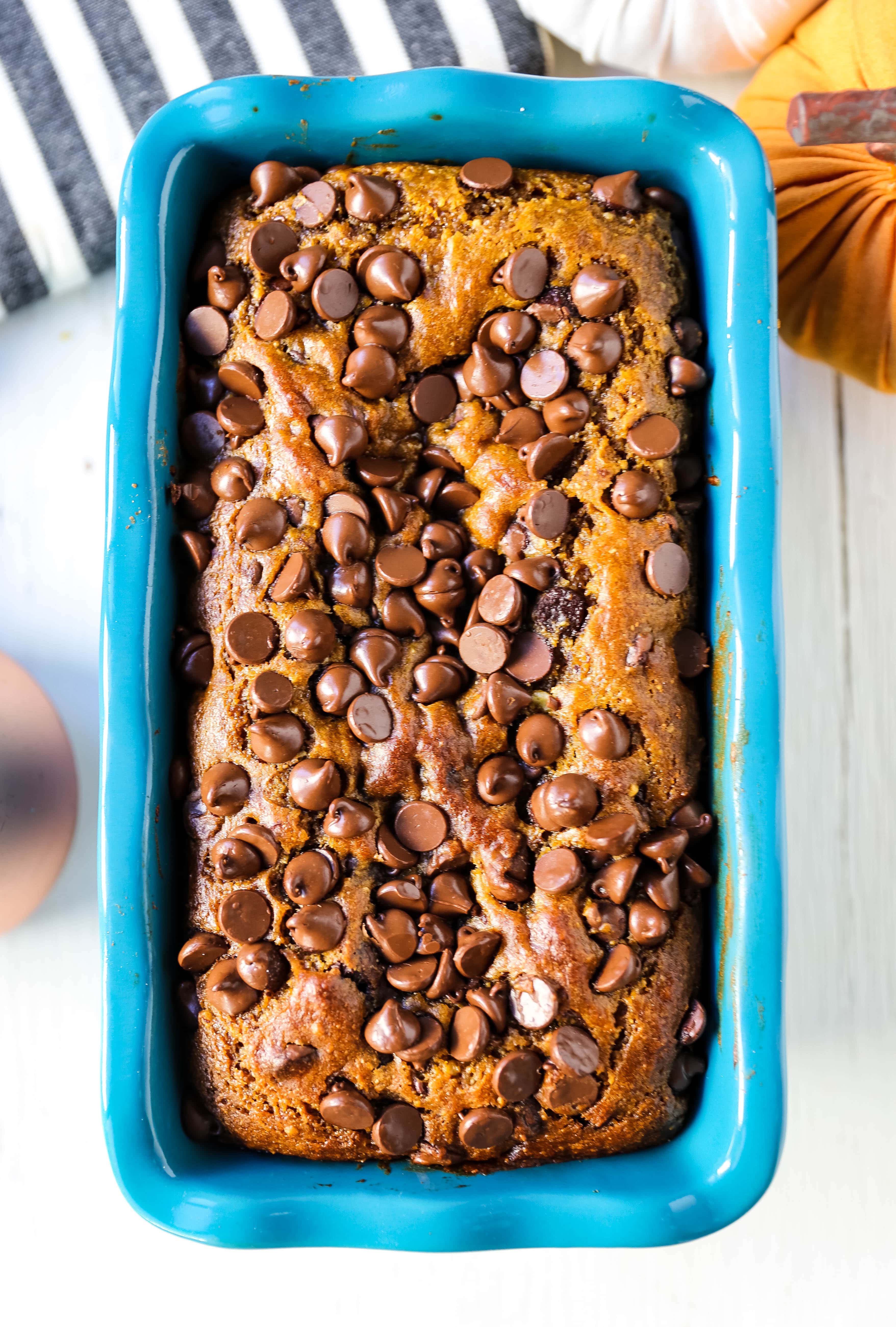 Chocolate Chip Pumpkin Bread Moist pumpkin spiced bread with rich chocolate chips. Tips and tricks for making the best pumpkin chocolate chip bread! www.modernhoney.com #pumpkinbread #pumpkin #pumpkinrecipes #chocolatechippumpkinbread 