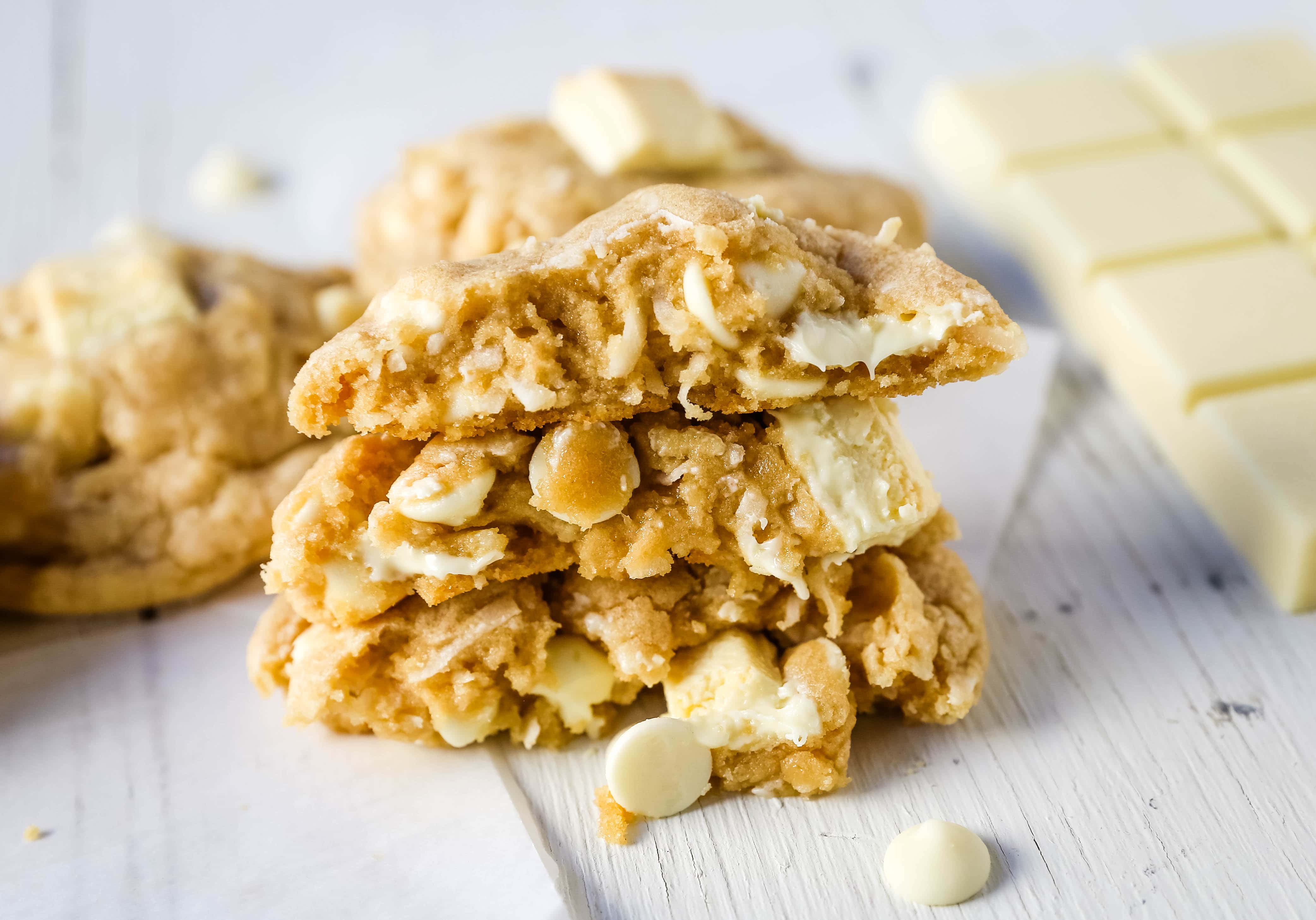 White Chocolate Coconut Cookies Soft chewy white chocolate coconut cookies are the perfect sweet, buttery tropical cookie! www.modernhoney.com #cookie #cookies #cookierecipe #cookierecipes #whitechocolatecookies