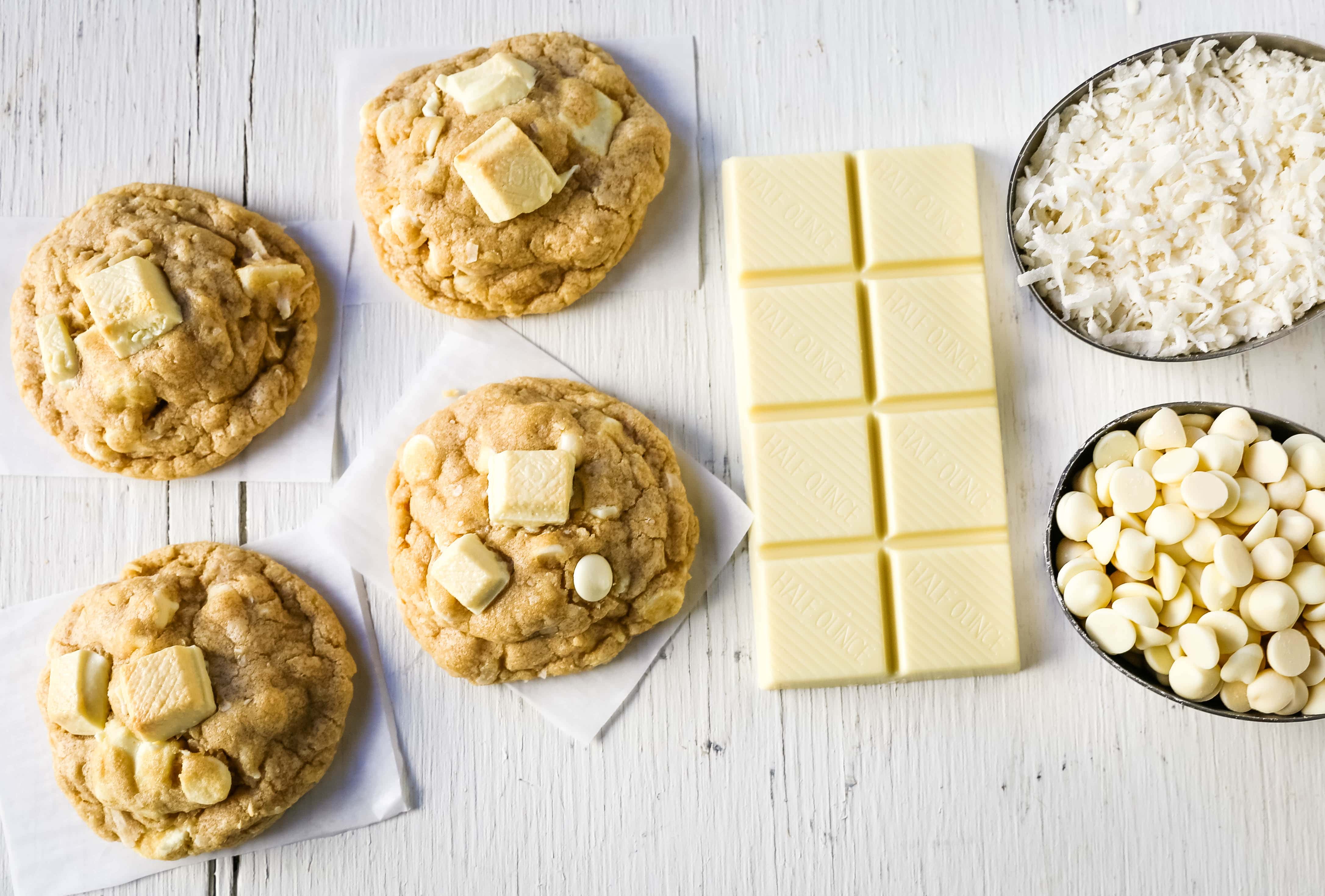 White Chocolate Coconut Cookies Soft chewy white chocolate coconut cookies are the perfect sweet, buttery tropical cookie! www.modernhoney.com #cookie #cookies #cookierecipe #cookierecipes #whitechocolatecookies