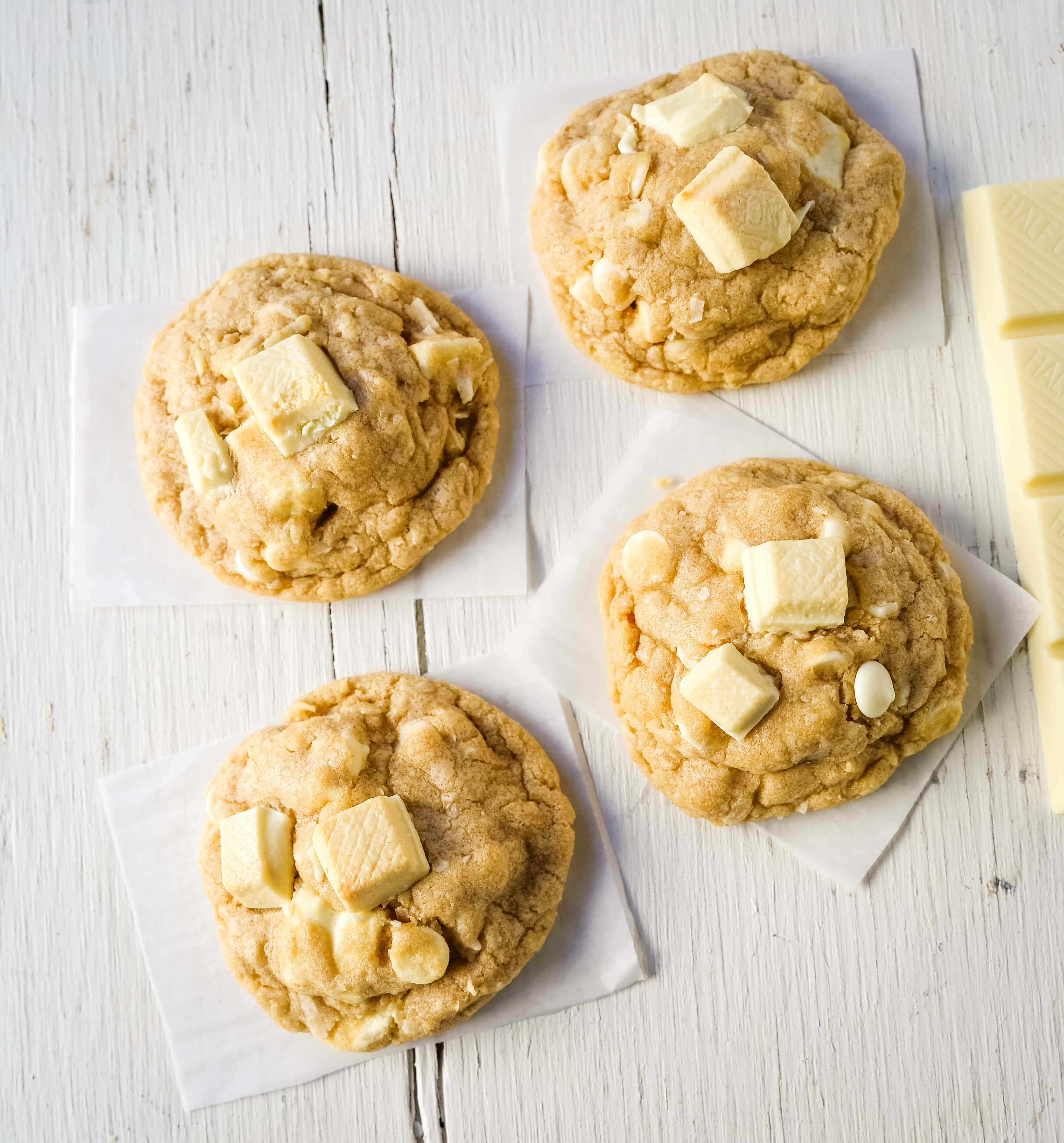 White Chocolate Coconut Cookies Soft chewy white chocolate coconut cookies are the perfect sweet, buttery tropical cookie! www.modernhoney.com #cookie #cookies #cookierecipe #cookierecipes #whitechocolatecookies