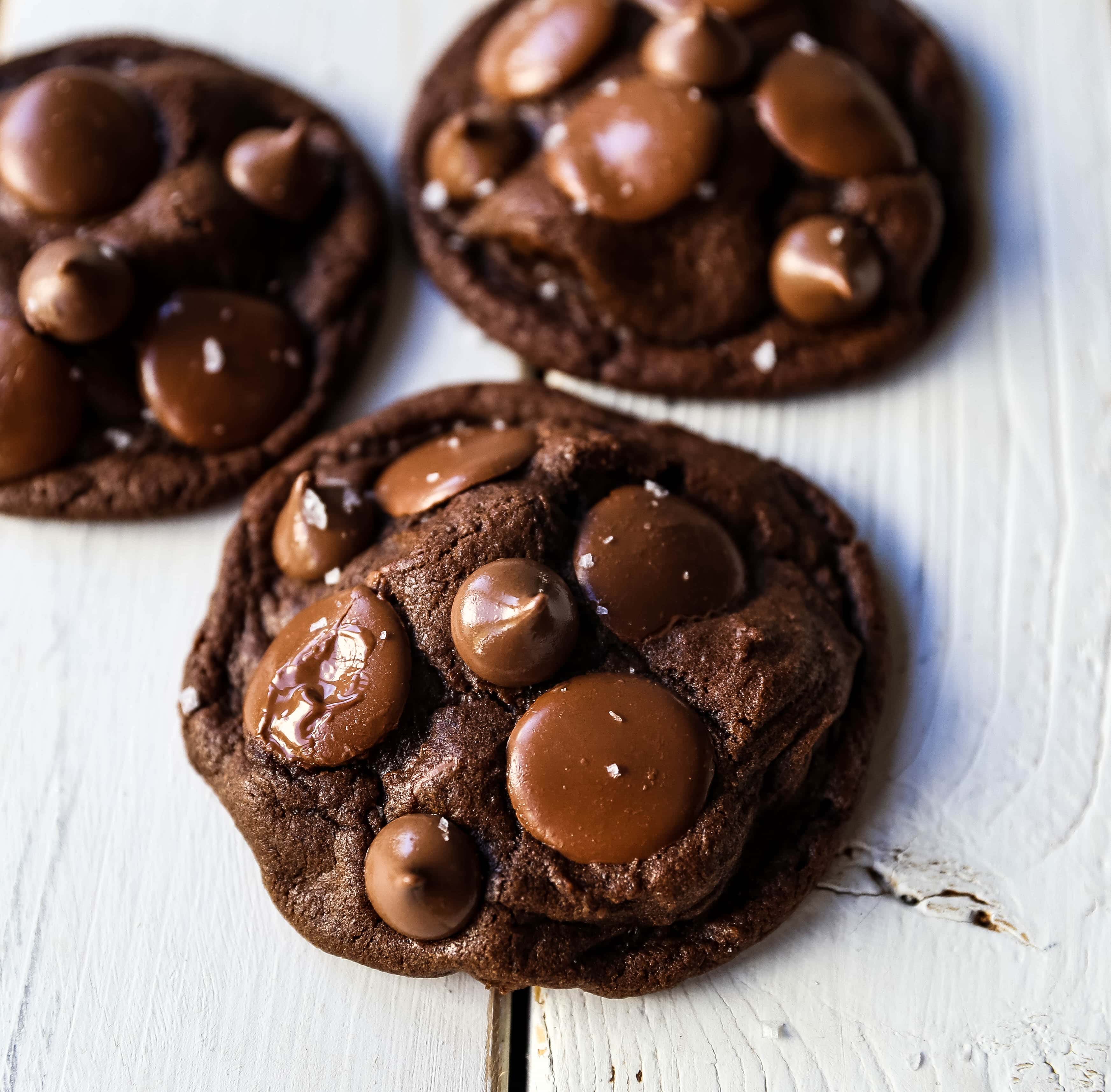 Double Chocolate Cookies Rich, velvety, melt-in-your-mouth chocolate cookies with melted chocolate chunks. The perfect double chocolate chip cookie recipe!  How to make the best double chocolate chip cookies! www.modernhoney.com #chocolatecookies #doublechocolatecookies #chocolate #chocolaterecipes