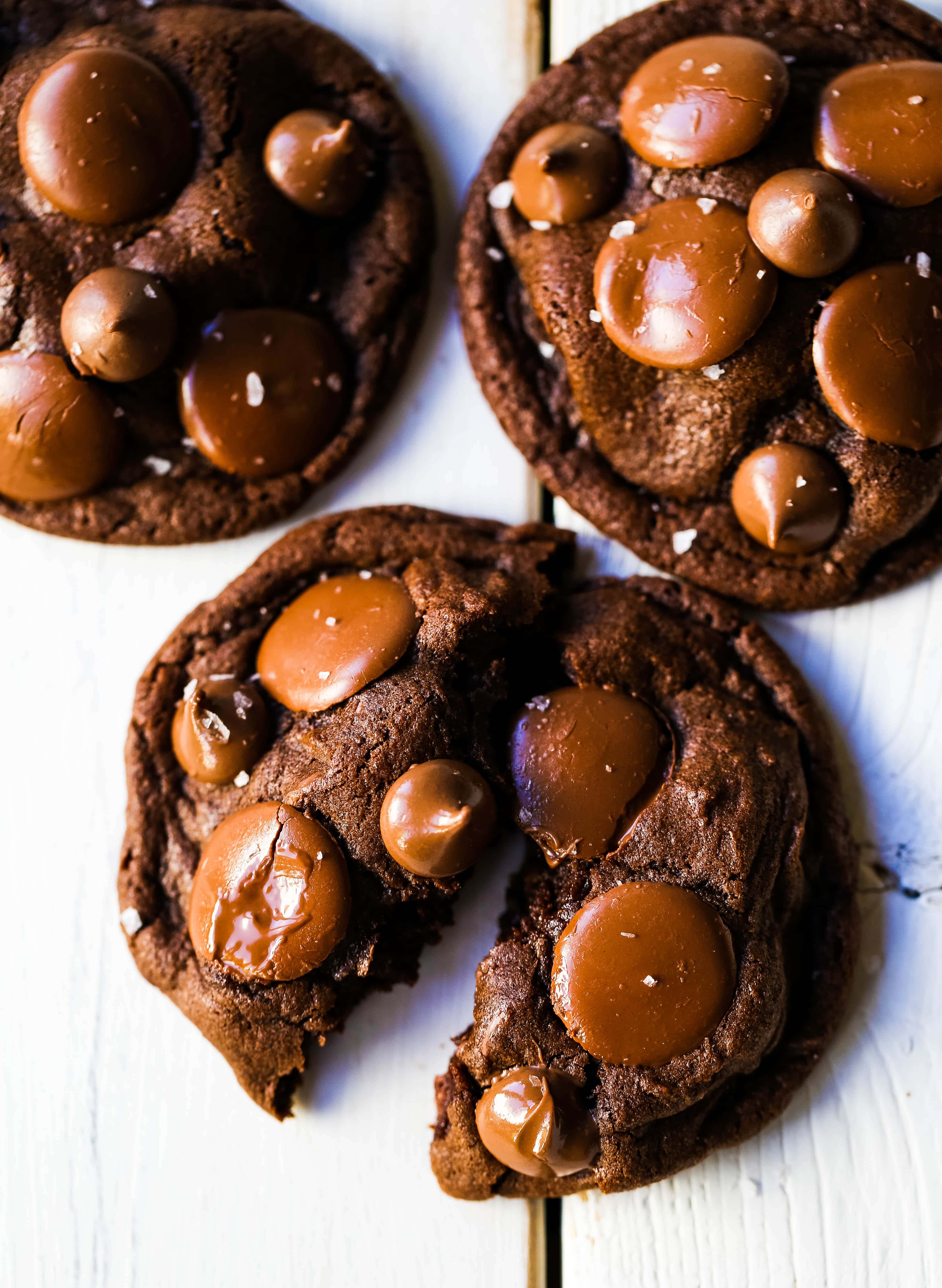 Double Chocolate Cookies Rich, velvety, melt-in-your-mouth chocolate cookies with melted chocolate chunks. The perfect double chocolate chip cookie recipe!  How to make the best double chocolate chip cookies! www.modernhoney.com #chocolatecookies #doublechocolatecookies #chocolate #chocolaterecipes