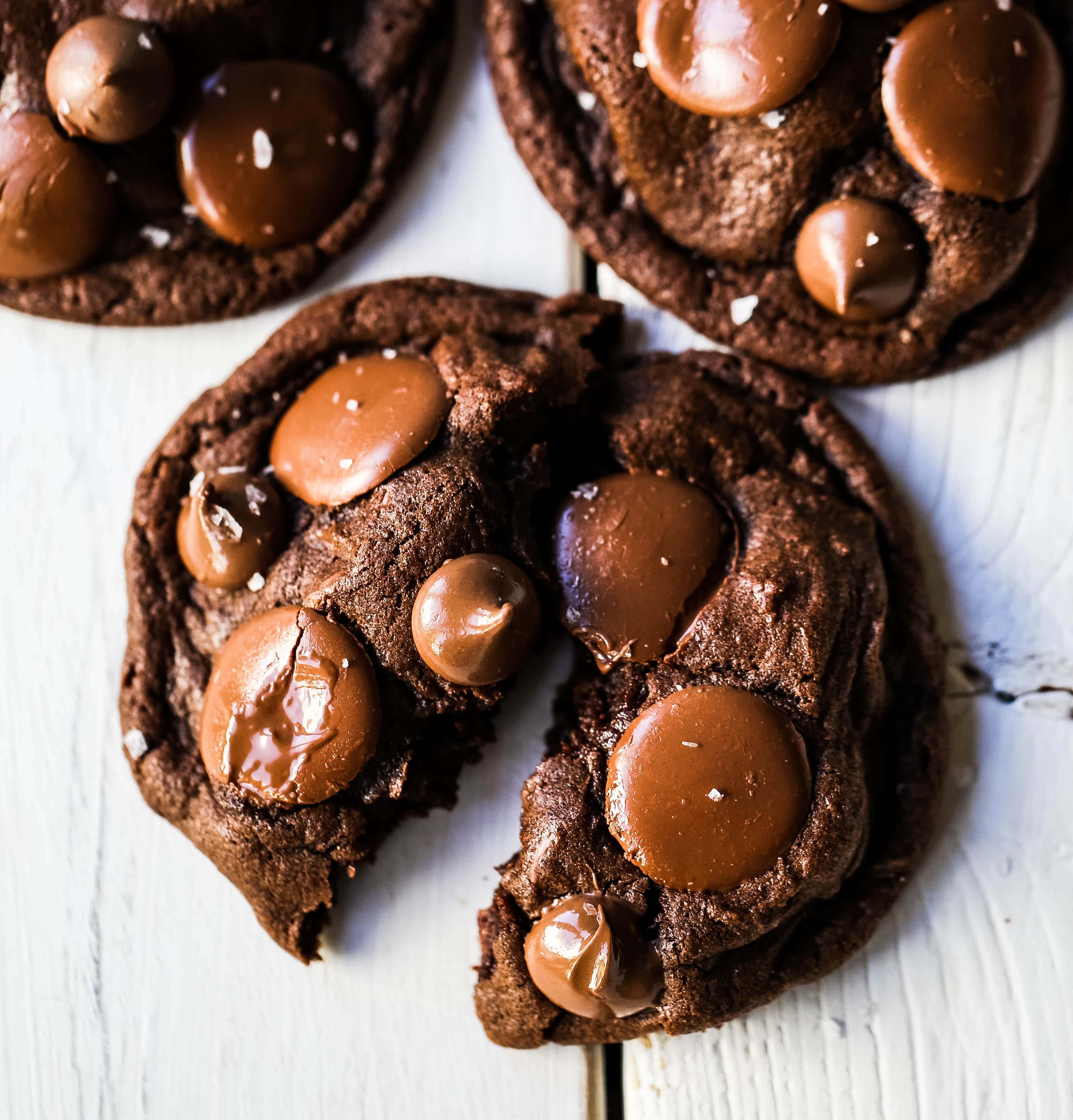 Double Chocolate Cookies Rich, velvety, melt-in-your-mouth chocolate cookies with melted chocolate chunks. The perfect double chocolate chip cookie recipe!  How to make the best double chocolate chip cookies! www.modernhoney.com #chocolatecookies #doublechocolatecookies #chocolate #chocolaterecipes