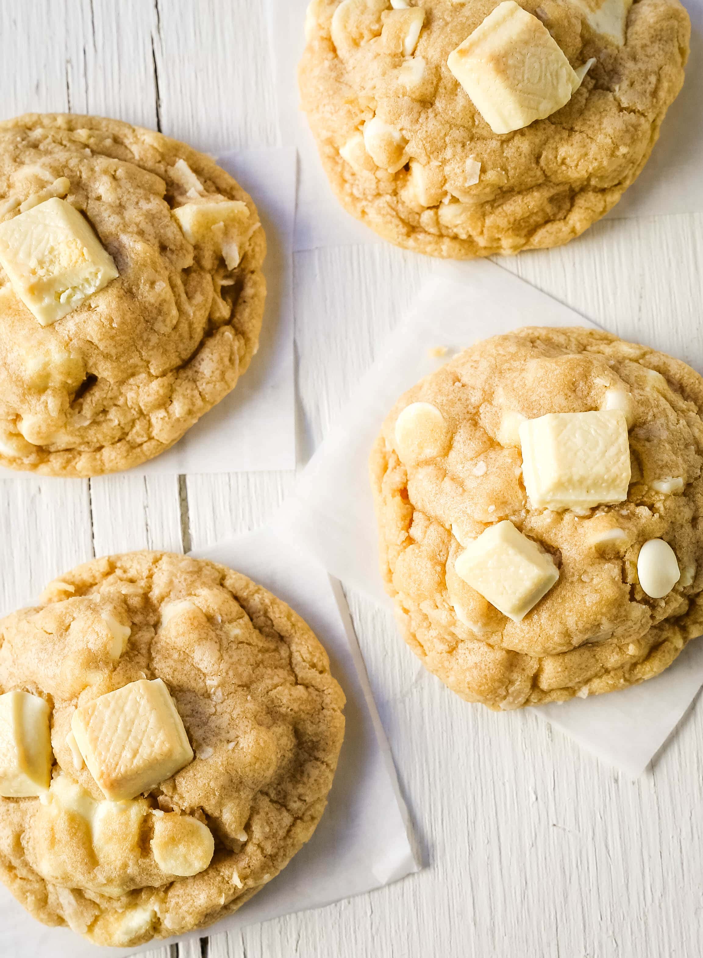 White Chocolate Coconut Cookies Soft chewy white chocolate coconut cookies are the perfect sweet, buttery tropical cookie! www.modernhoney.com #cookie #cookies #cookierecipe #cookierecipes #whitechocolatecookies