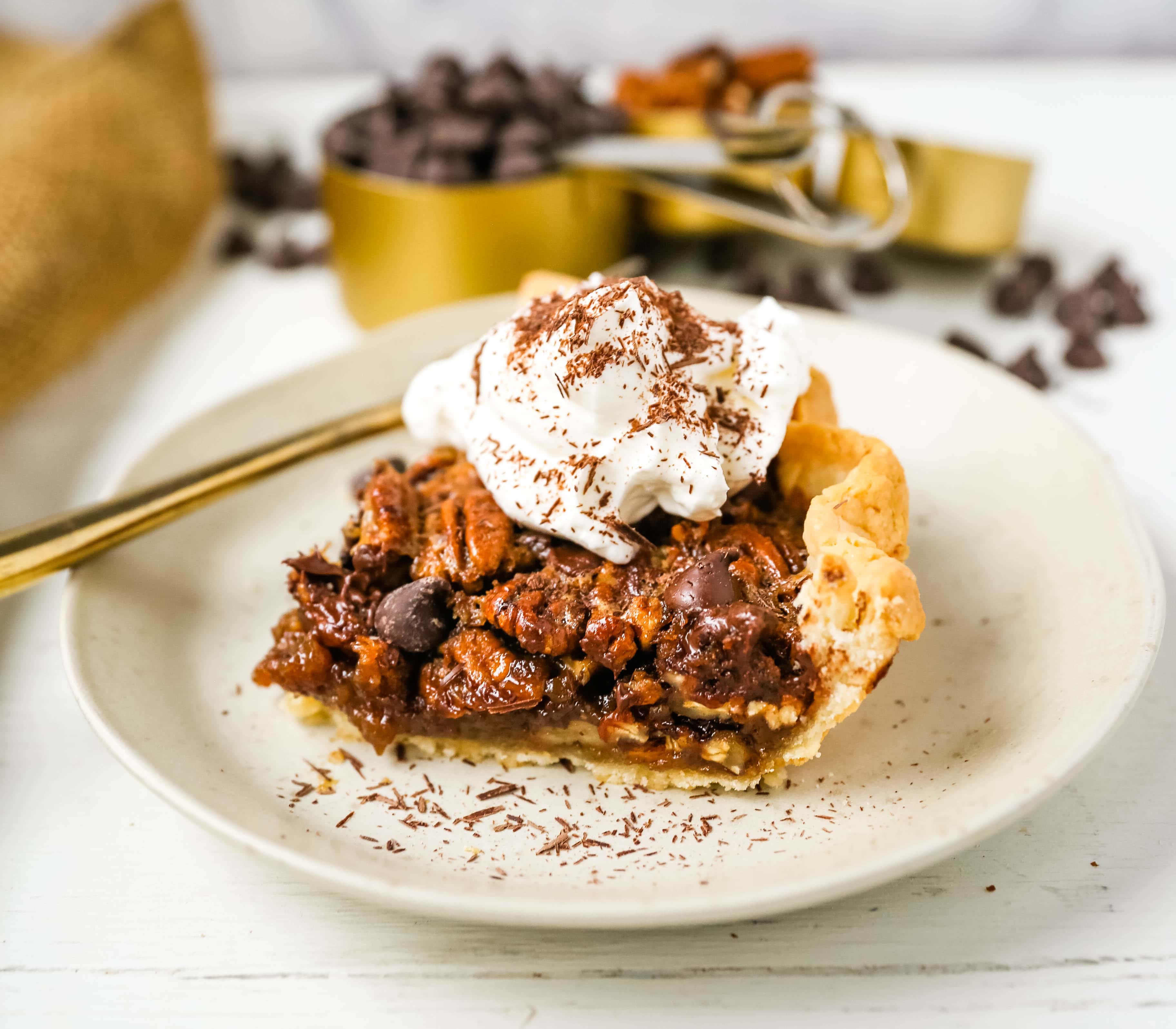 Chocolate Pecan Pie Rich chocolate pecan pie made with a brown sugar filling, crunchy pecans, rich chocolate, all in a homemade buttery, flaky pie crust. www.modernhoney.com #pie #pecanpie #chocolatepecanpie #thanksgiving #pies