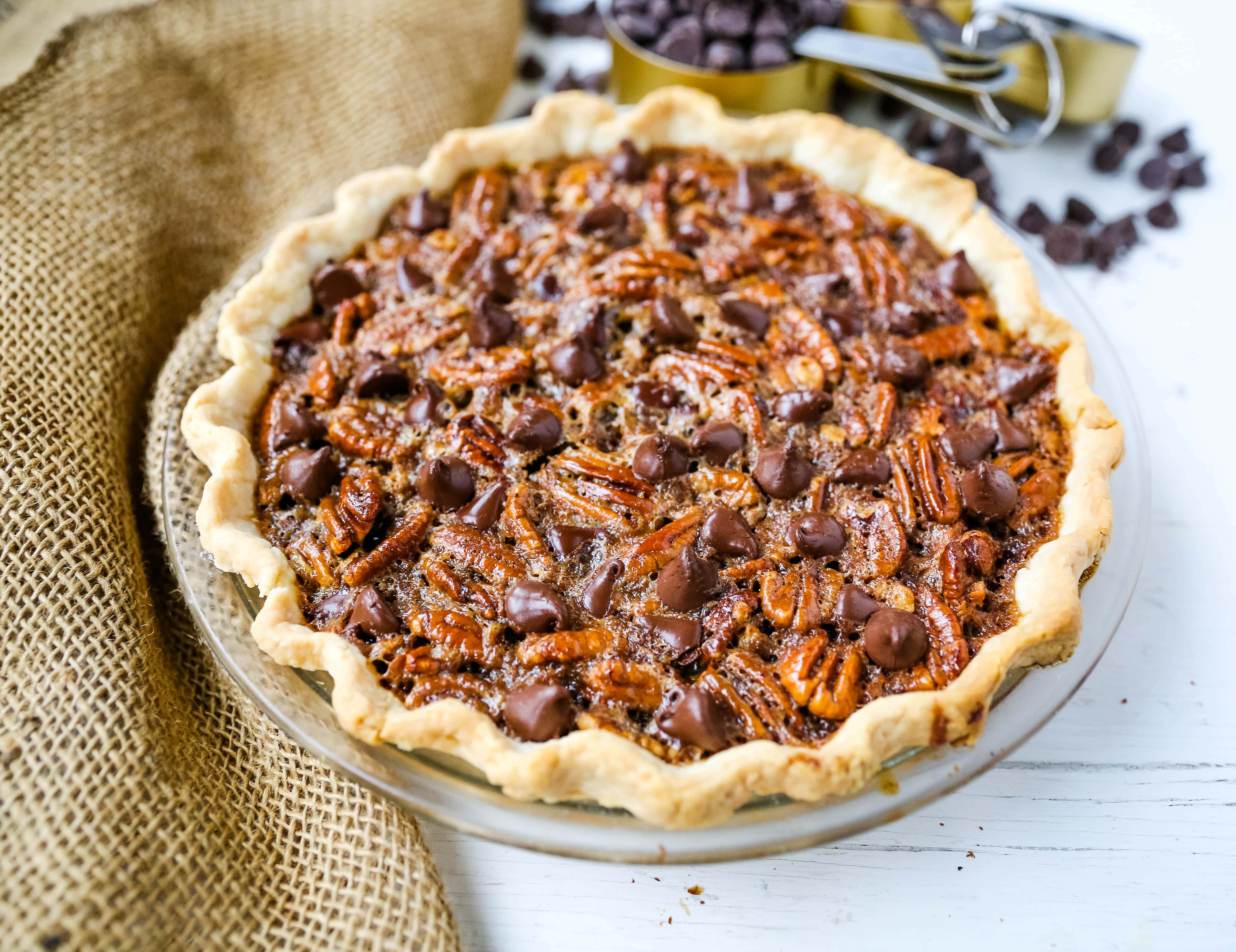 Chocolate Pecan Pie Rich chocolate pecan pie made with a brown sugar filling, crunchy pecans, rich chocolate, all in a homemade buttery, flaky pie crust. www.modernhoney.com #pie #pecanpie #chocolatepecanpie #thanksgiving #pies