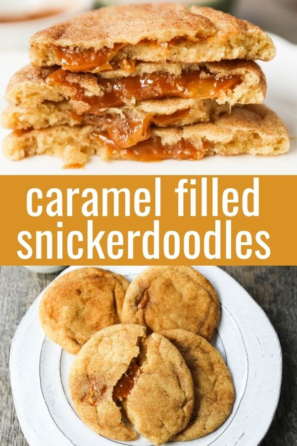 Caramel Filled Snickerdoodle Cookies Soft chewy cinnamon sugar snickerdoodle cookies stuffed with buttery caramel. The perfect caramel stuffed snickerdoodle cookie recipe! www.modernhoney.com #caramelsnickerdoodles #christmascookies #cookie #cookies