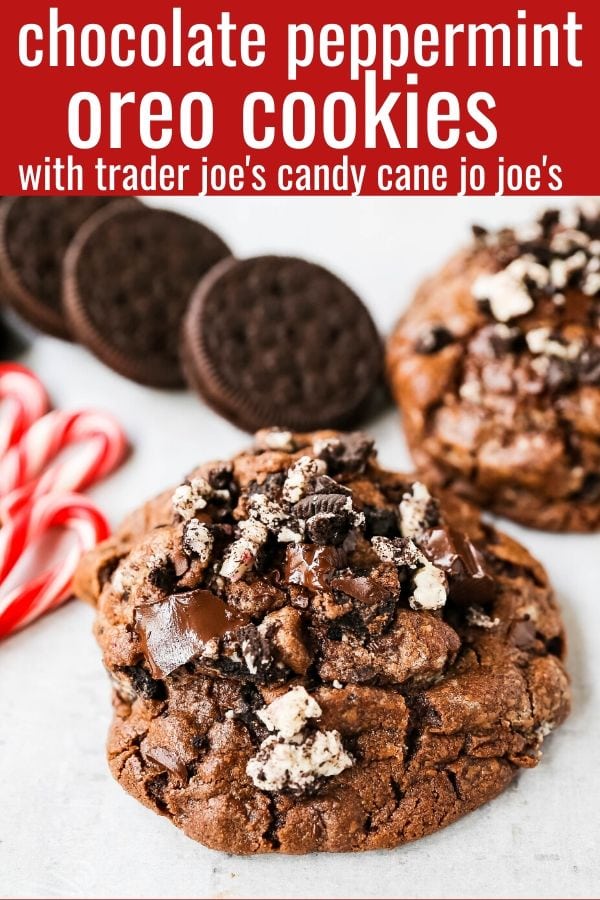 Chocolate Peppermint Candy Cane Oreo Cookies. The best chocolate peppermint cookies. Double chocolate cookies with Trader Joe's famous candy cane Joe Joe's Oreo cookies. www.modernhoney.com #chocolatecookies #chocolatepeppermint #chocolatemint #christmas #christmascookies #candycanes