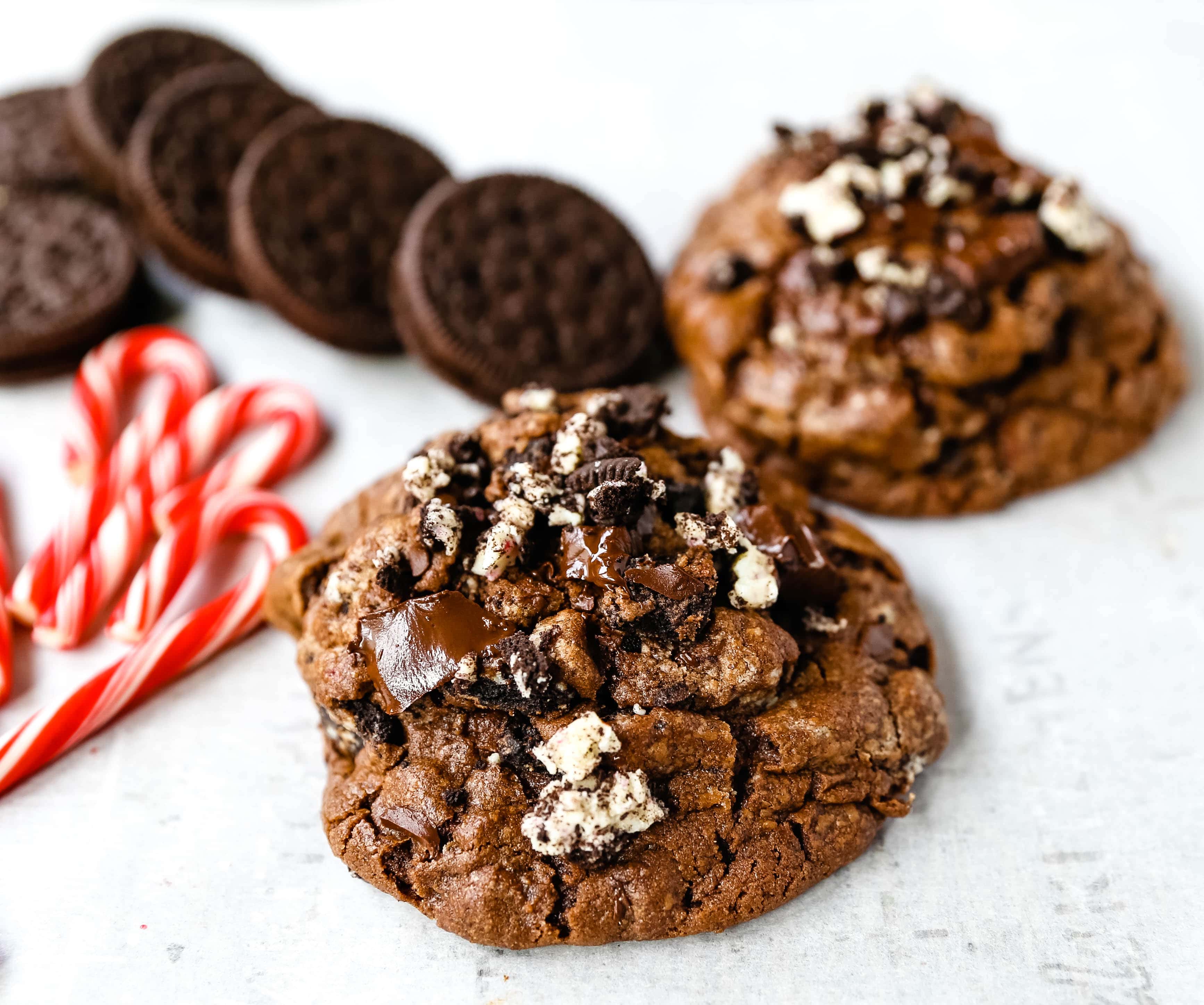 Chocolate Peppermint Candy Cane Oreo Cookies.  The best chocolate peppermint cookies. Double chocolate cookies with Trader Joe's famous candy cane Joe Joe's Oreo cookies. www.modernhoney.com #chocolatecookies #chocolatepeppermint #chocolatemint #christmas #christmascookies #candycanes